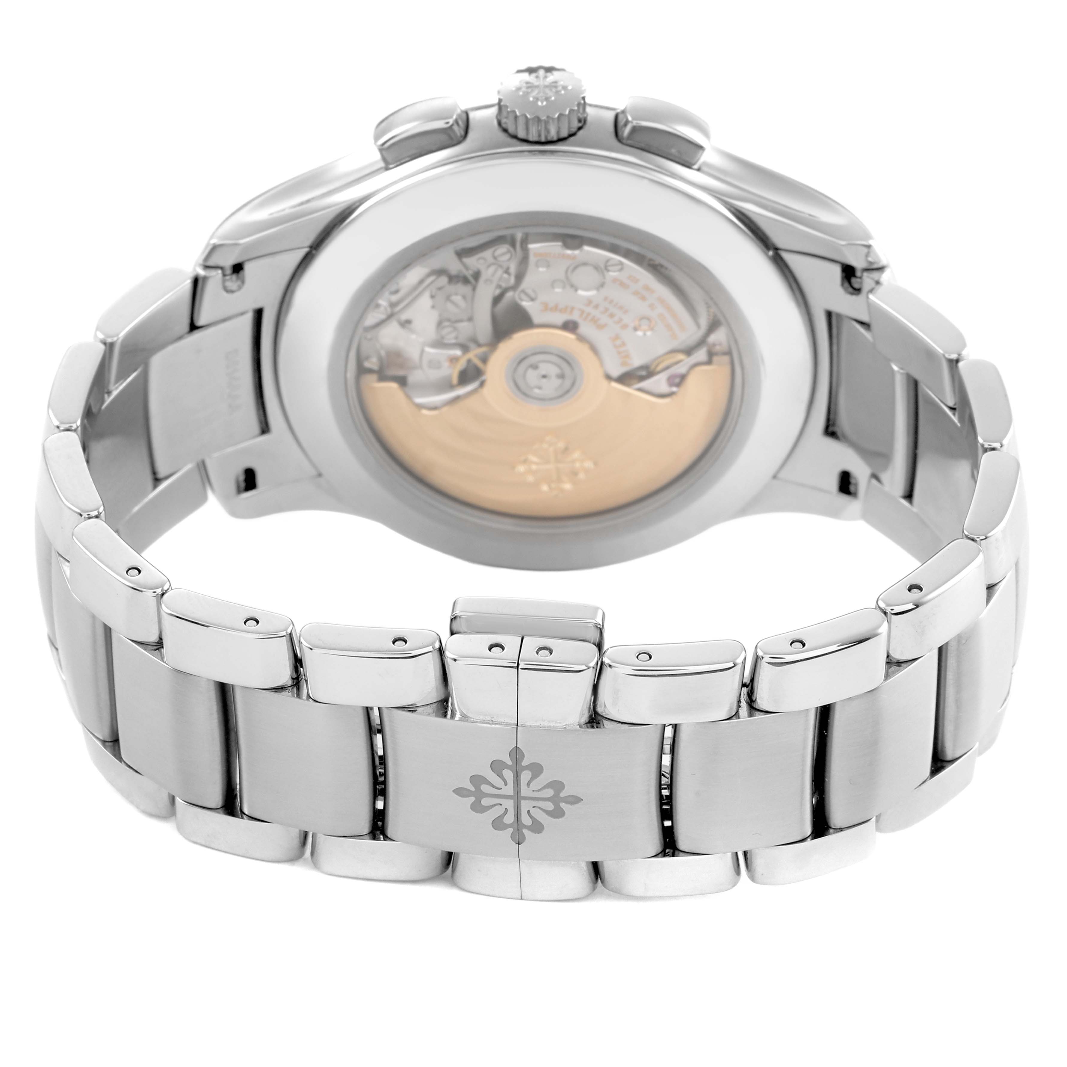 The image shows a rear angle of the Patek Philippe Complications 5905/1A-001 Men's Stainless Steel Green Dial watch, highlighting the exhibition case back and metal bracelet.