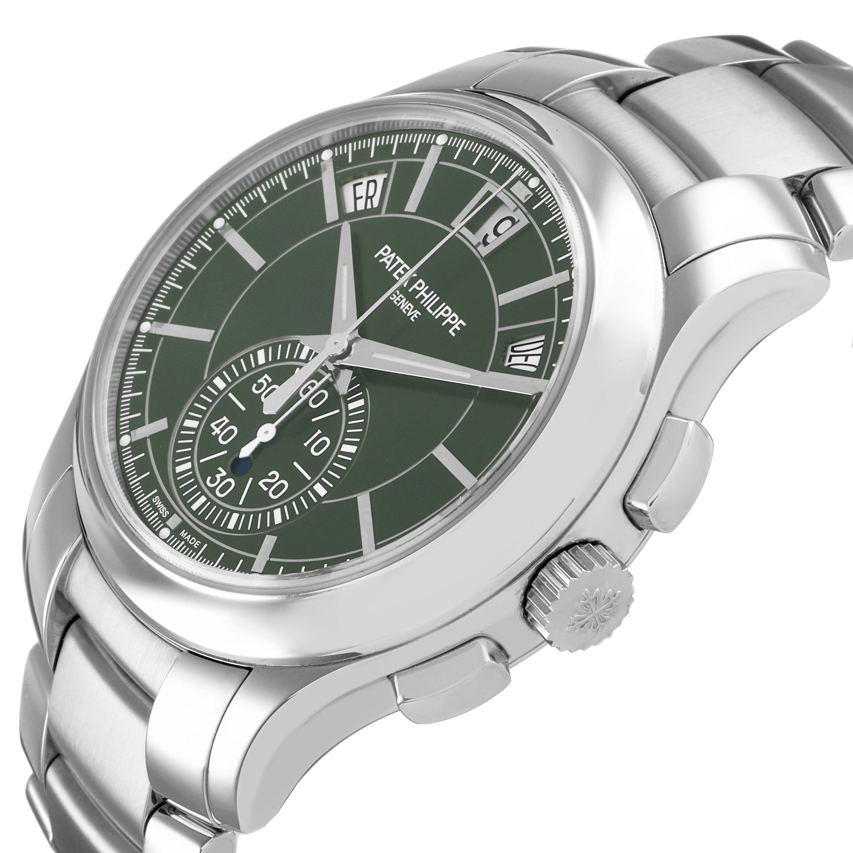 The image shows a side-angle view of the Patek Philippe Complications 5905/1A-001 Men's Stainless Steel Green Dial watch, highlighting the dial, case, crown, and bracelet.