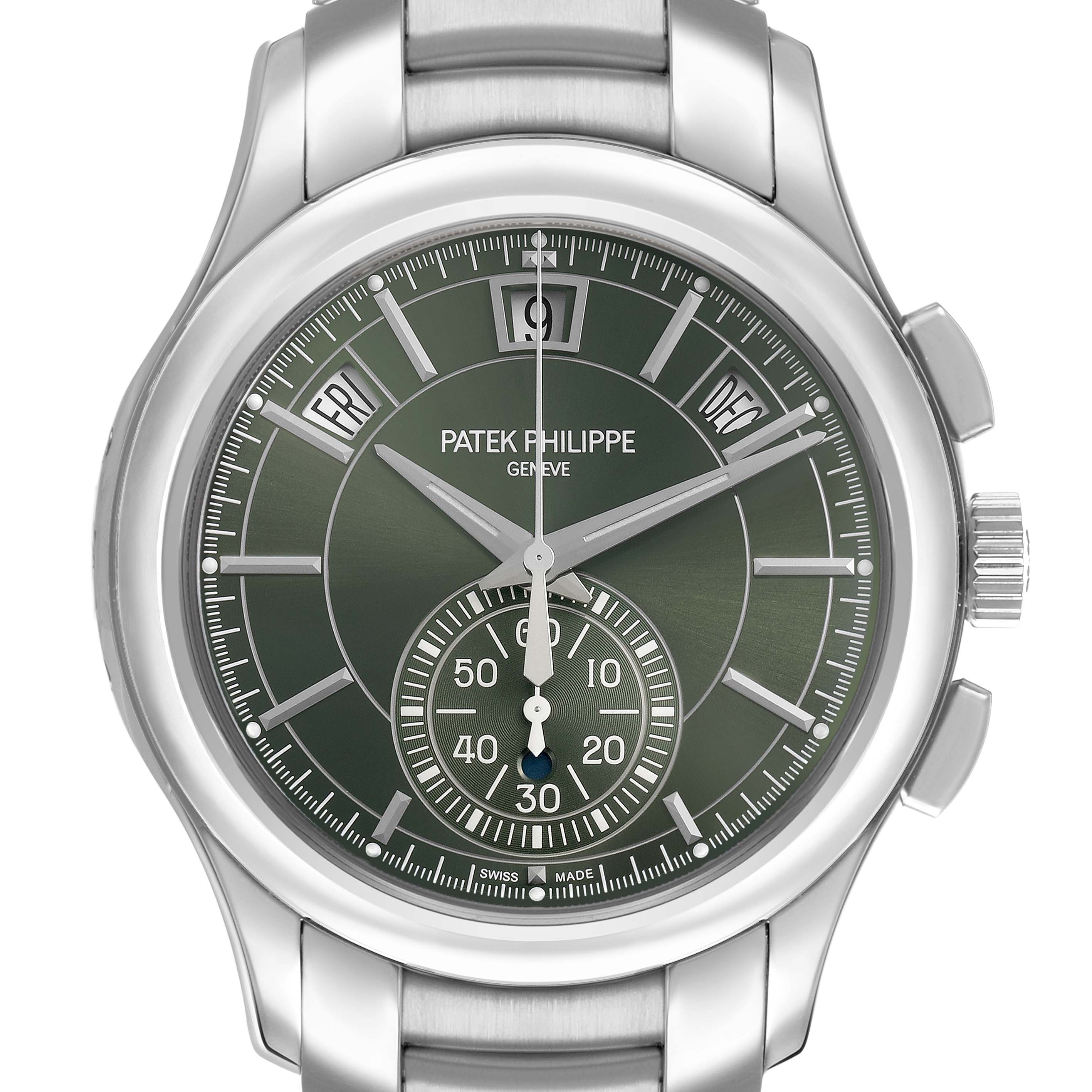 The image shows a frontal view of the Patek Philippe Complications 5905/1A-001 Men's Stainless Steel Green Dial watch, featuring its dial, hands, and part of the bracelet.