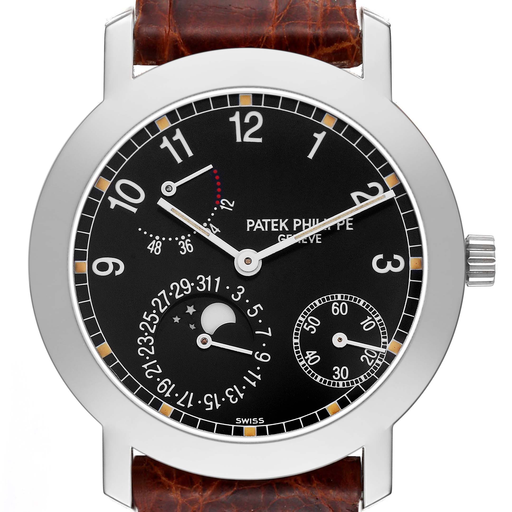 The image shows a front view of the Patek Philippe Complications 5055G-001 Mens White Gold Black Dial watch, highlighting the dial with various complications and a leather strap.