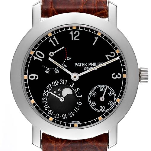 The Patek Philippe Complications 5055G-001 Men's White Gold Black Dial watch is shown front-facing, highlighting its dial, numerals, subdials, and leather strap.