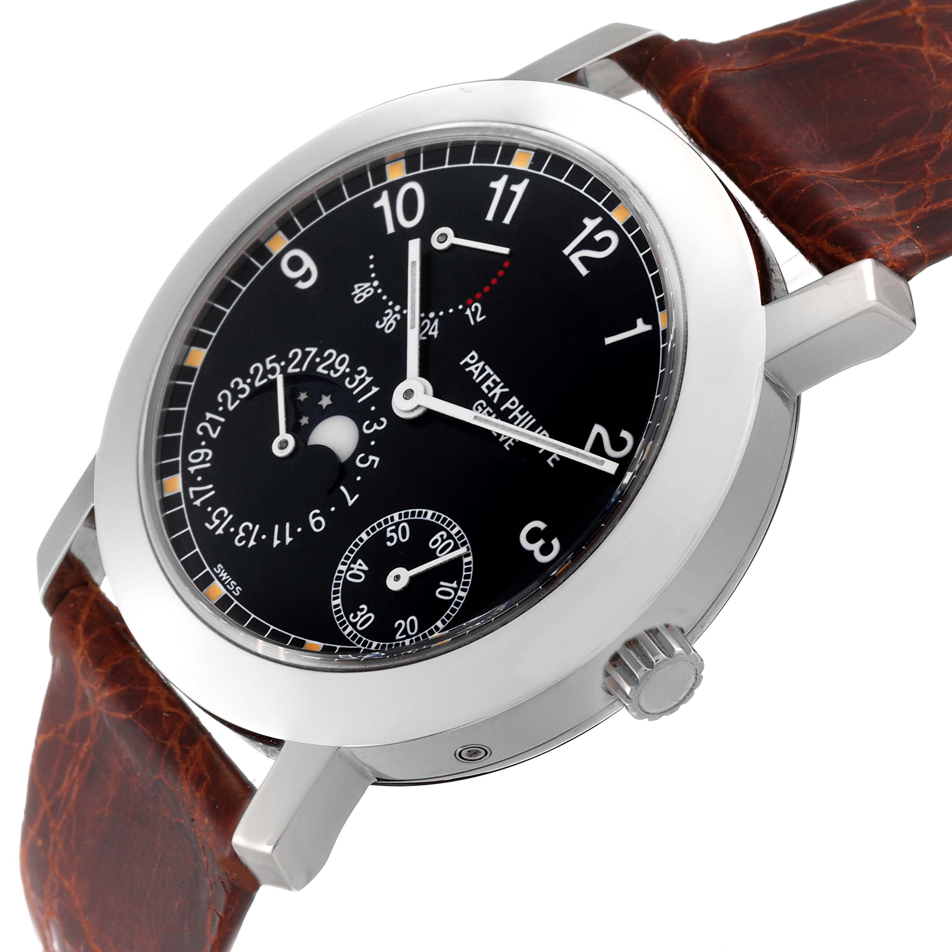 The Patek Philippe Complications 5055G-001 Men's White Gold Black Dial watch is shown at an angled side view, highlighting the dial, bezel, and crown.