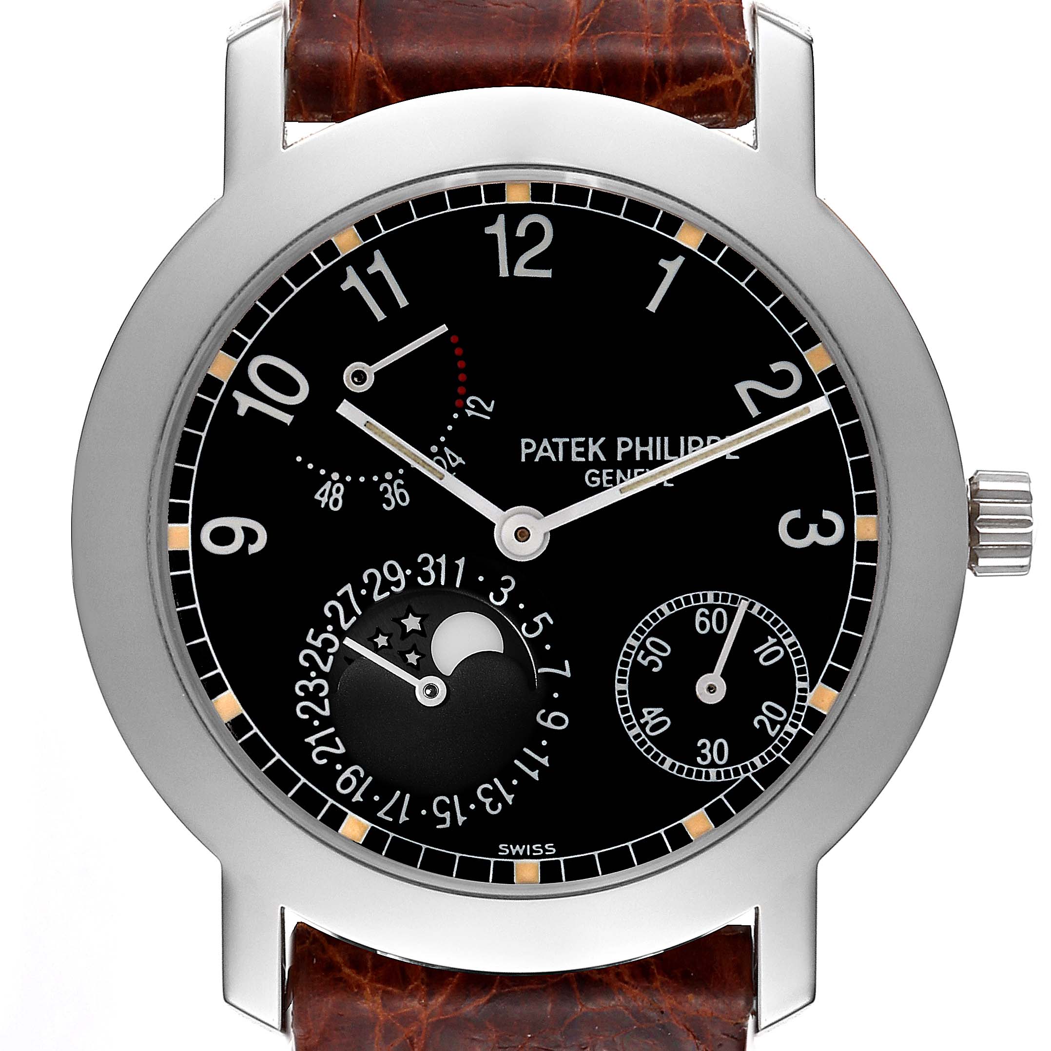 The Patek Philippe Complications 5055G-001 Men's White Gold Black Dial watch is shown front-facing, displaying its black dial, numerals, subdials, and brown leather strap.