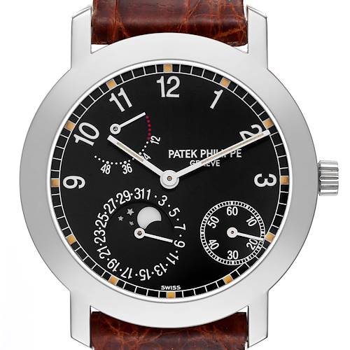 The Patek Philippe Complications 5055G-001 Men's White Gold Black Dial watch is shown from the front, displaying the dial with moon phase, sub-dials, and a leather strap.