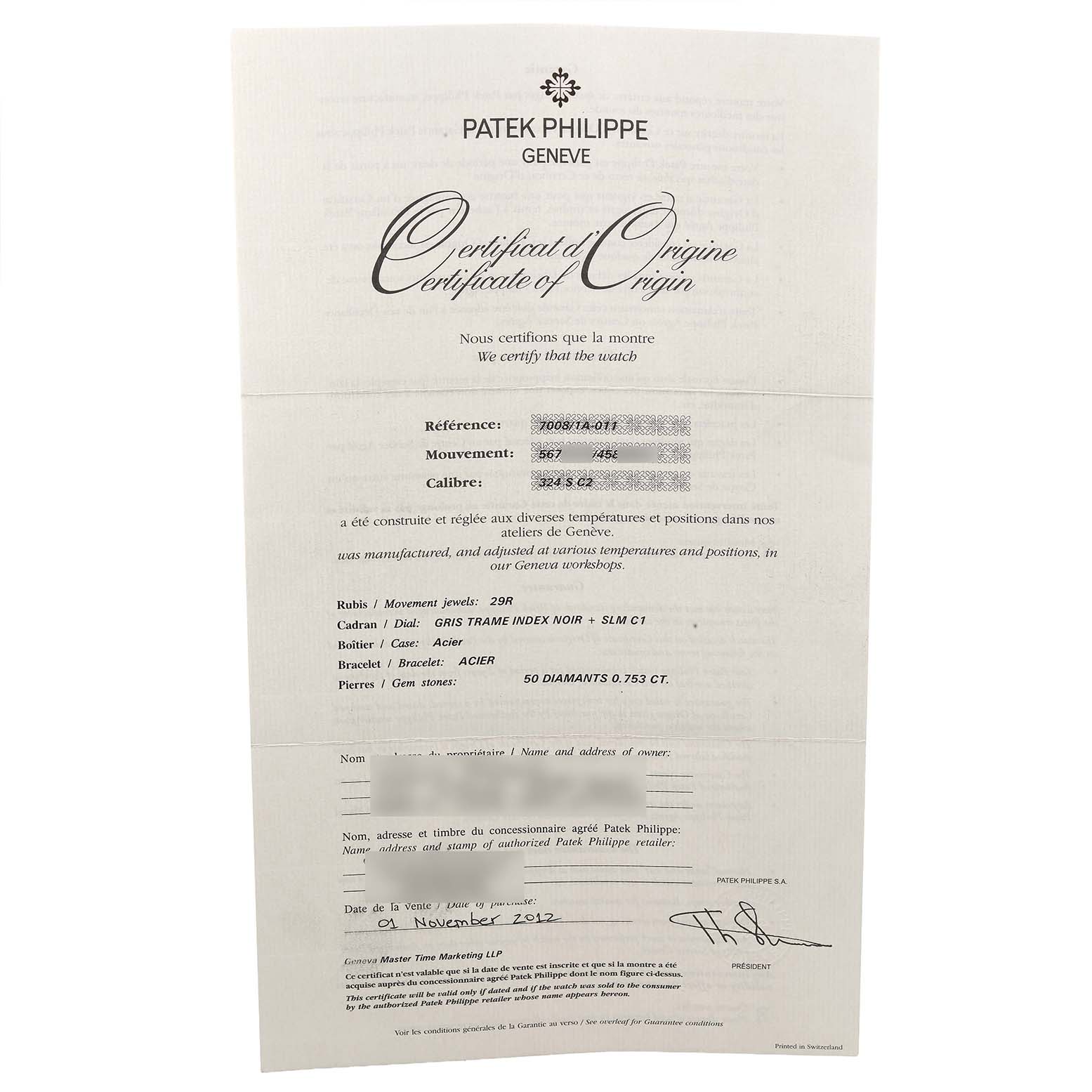 This image shows a Certificate of Origin for a Patek Philippe Nautilus 7008/1A-011 Women's Stainless Steel Silver Dial watch.