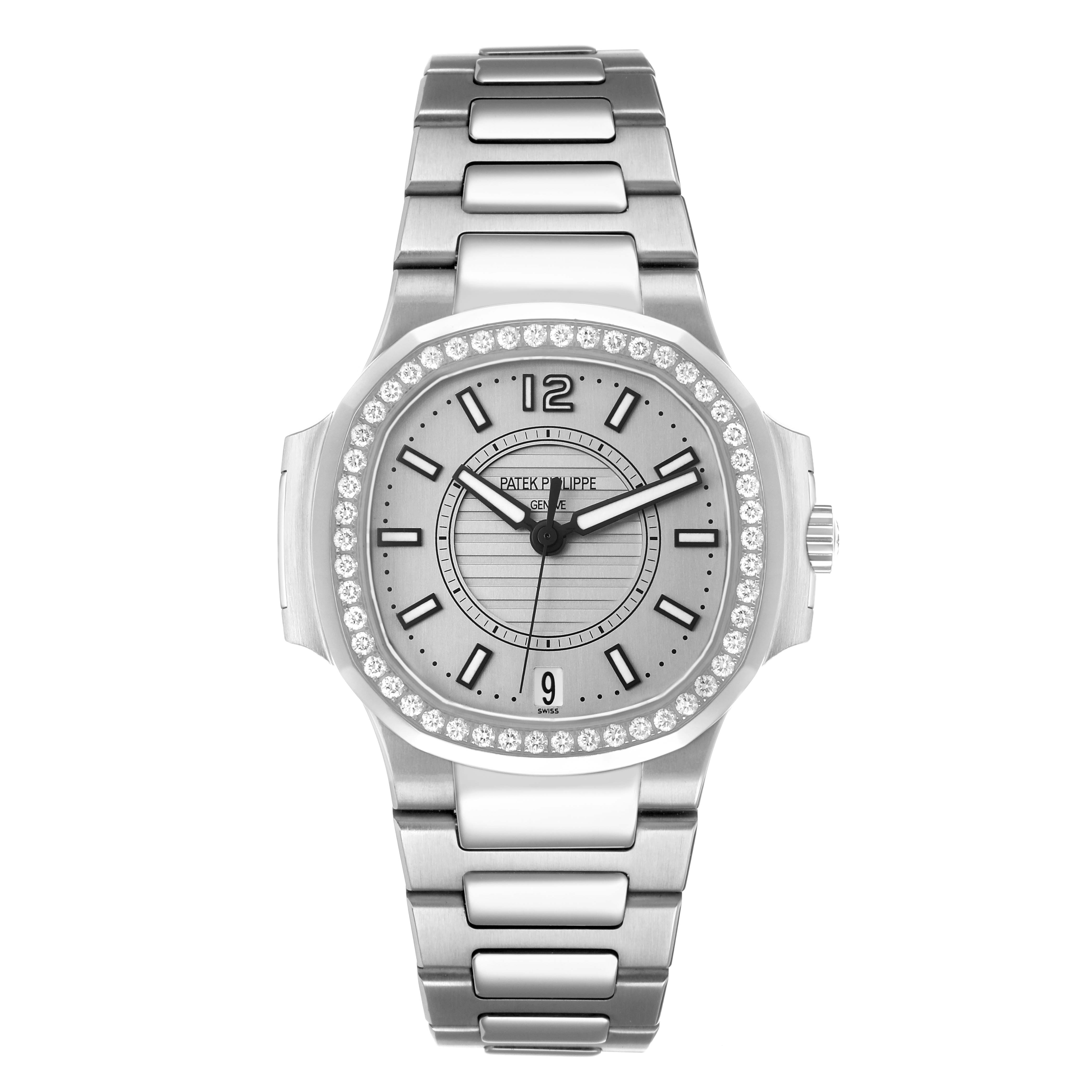 The Patek Philippe Nautilus 7008/1A-011 Women's Stainless Steel Silver Dial watch is shown from a front angle, displaying its face, bezel, and bracelet clearly.