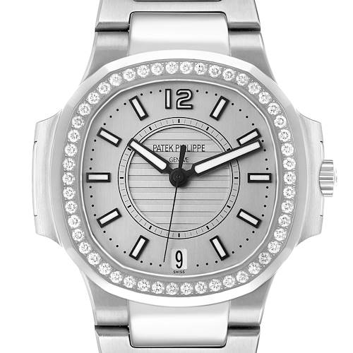The Patek Philippe Nautilus 7008/1A-011 Women's Stainless Steel Silver Dial watch is shown from a front angle, highlighting the face, bezel, and part of the bracelet.
