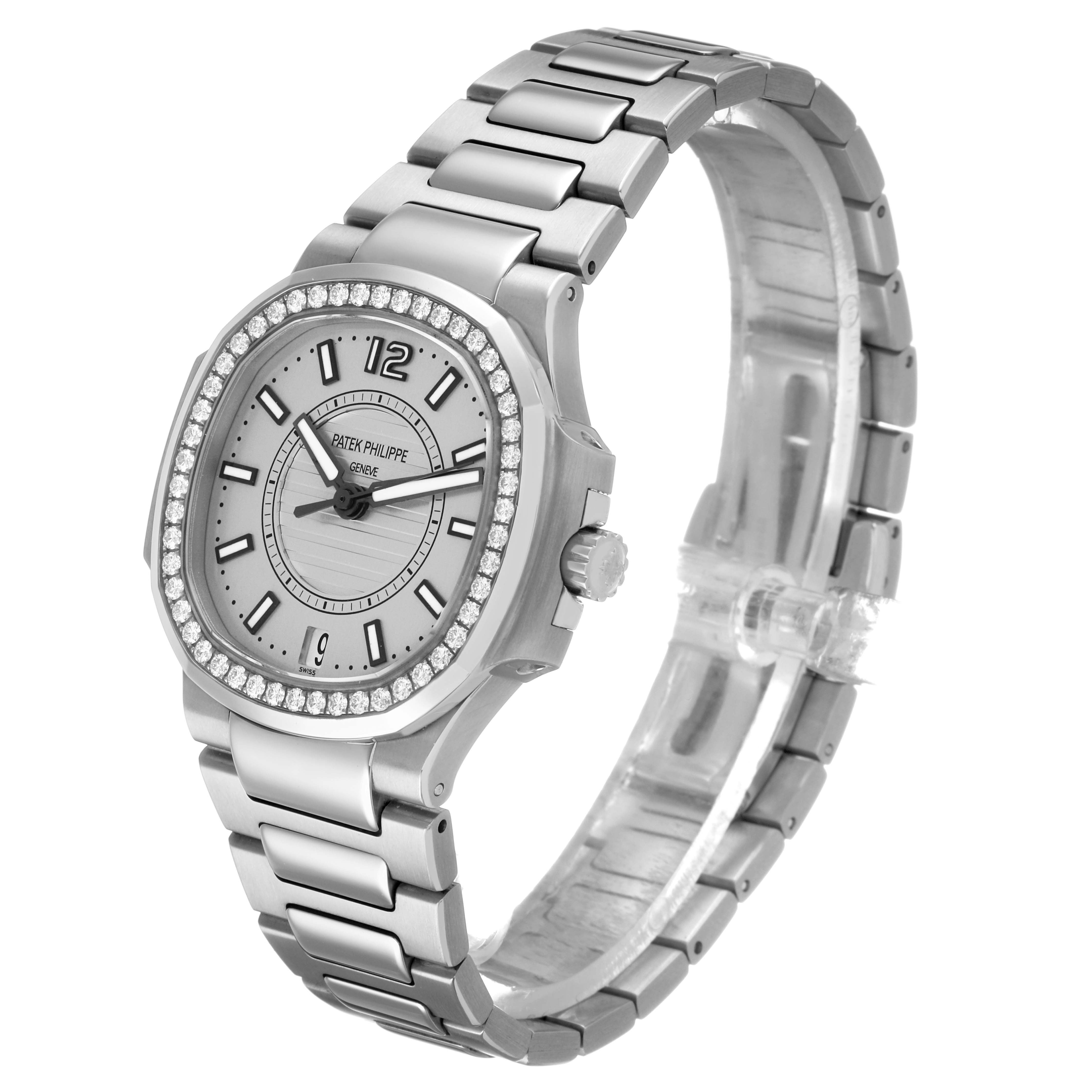 The Patek Philippe Nautilus 7008/1A-011 Women's Stainless Steel Silver Dial watch is shown at a three-quarter angle, highlighting the face, bezel, crown, and bracelet.