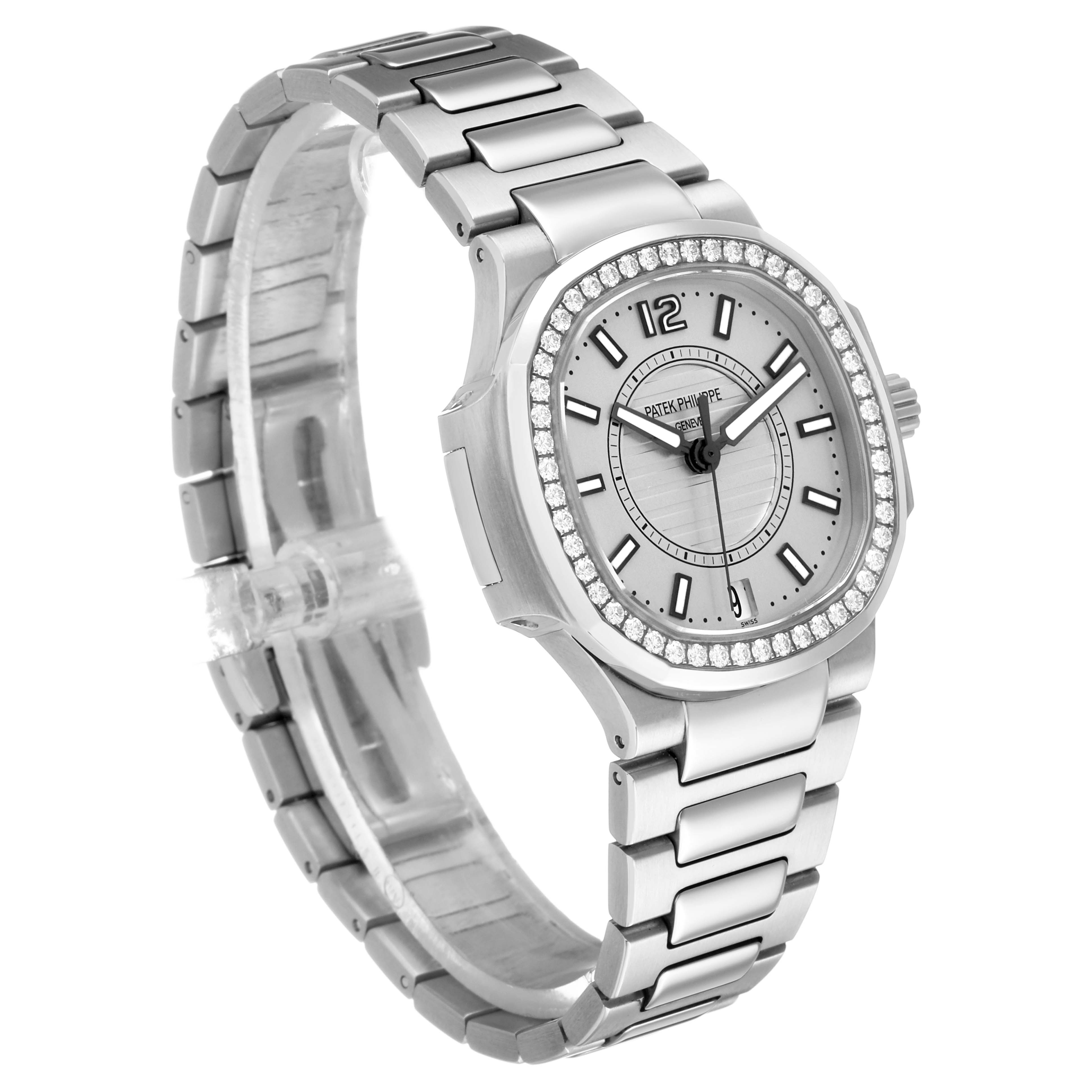 The Patek Philippe Nautilus 7008/1A-011 Women's Stainless Steel Silver Dial watch is shown at a slight angle, highlighting the bezel, face, and bracelet.