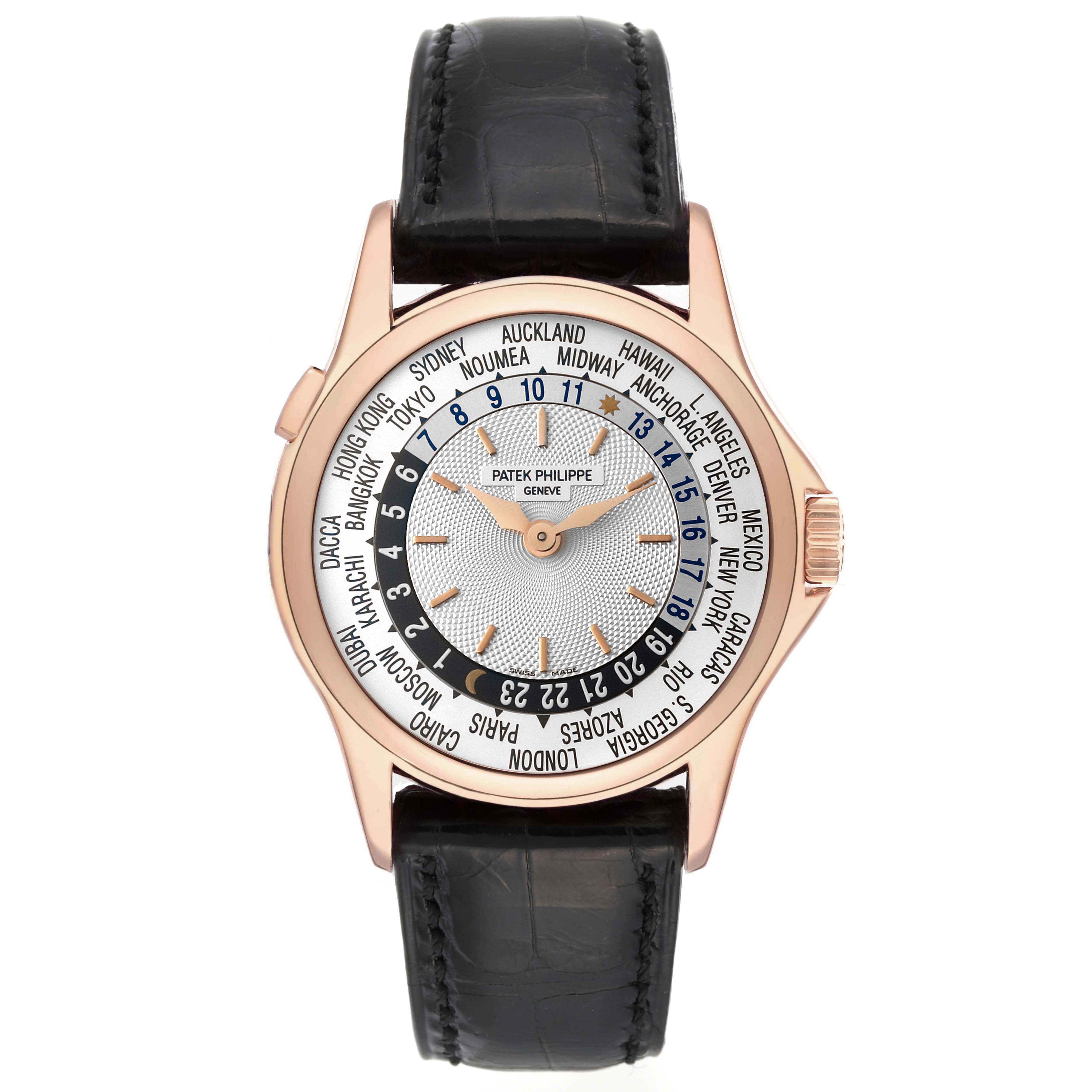 The image shows a front view of the Patek Philippe Complications 5110R-001 Men's Rose Gold Silver Dial 5110R-001 Men's Rose Gold Silver Dial model watch, displaying its world time function and black leather strap.