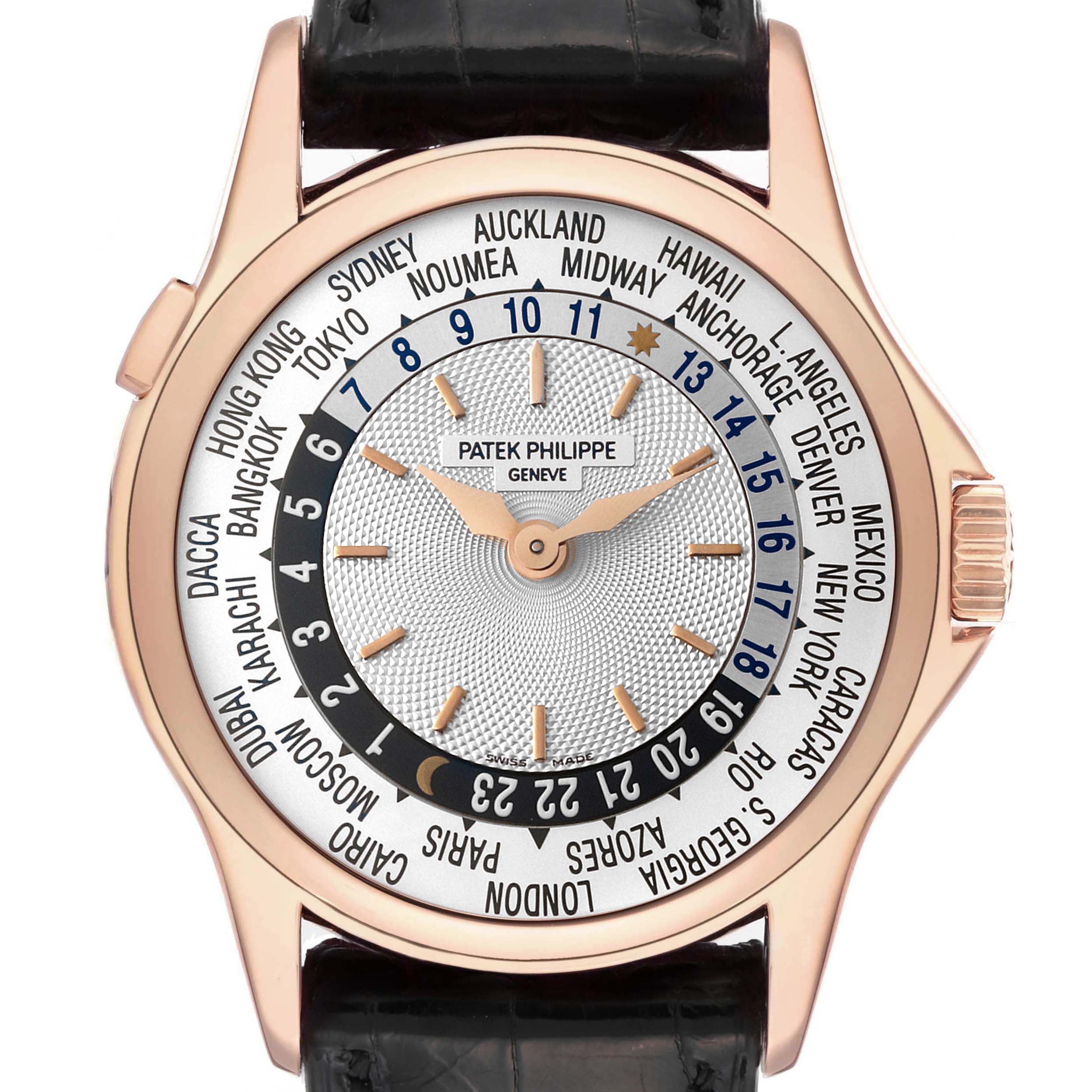 The image shows a close-up front view of a Patek Philippe Complications 5110R-001 Men's Rose Gold Silver Dial 5110R-001 Men's Rose Gold Silver Dial watch, including its dial with world city names and time indicators.