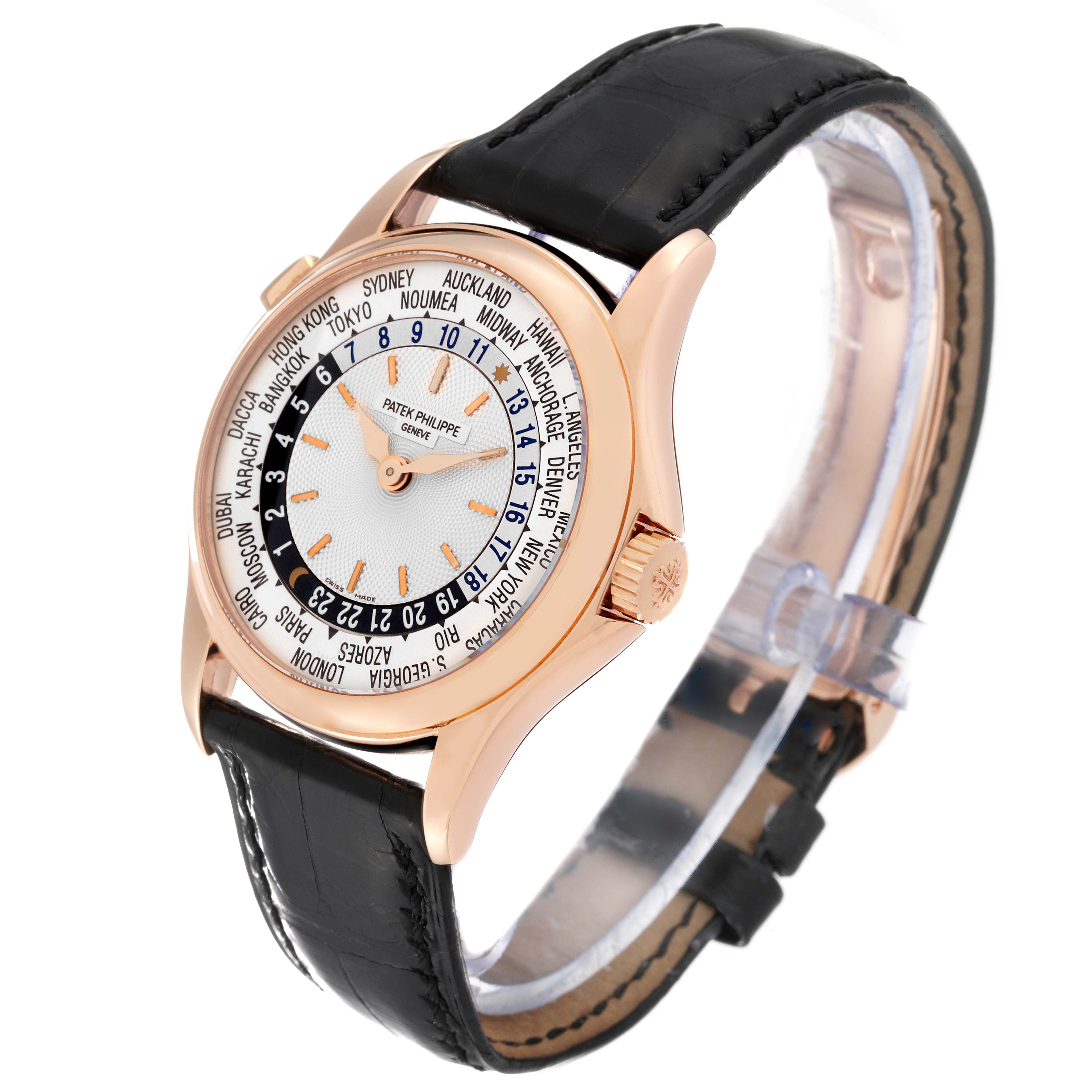 The image shows the Patek Philippe Complications 5110R-001 Men's Rose Gold Silver Dial 5110R-001 Men's Rose Gold Silver Dial model from a three-quarter angle, displaying the dial, case, crown, and strap.