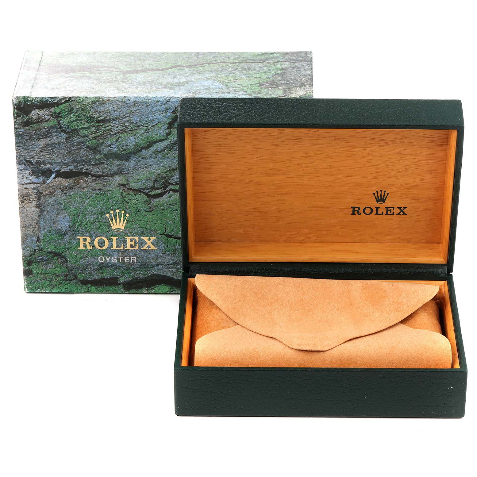 The image shows a Rolex Air-King 14010 Men's Stainless Steel Black Dial 14010 Men's Stainless Steel Black Dial watch box and case at an angle highlighting the opened box and closed suede pouch inside.