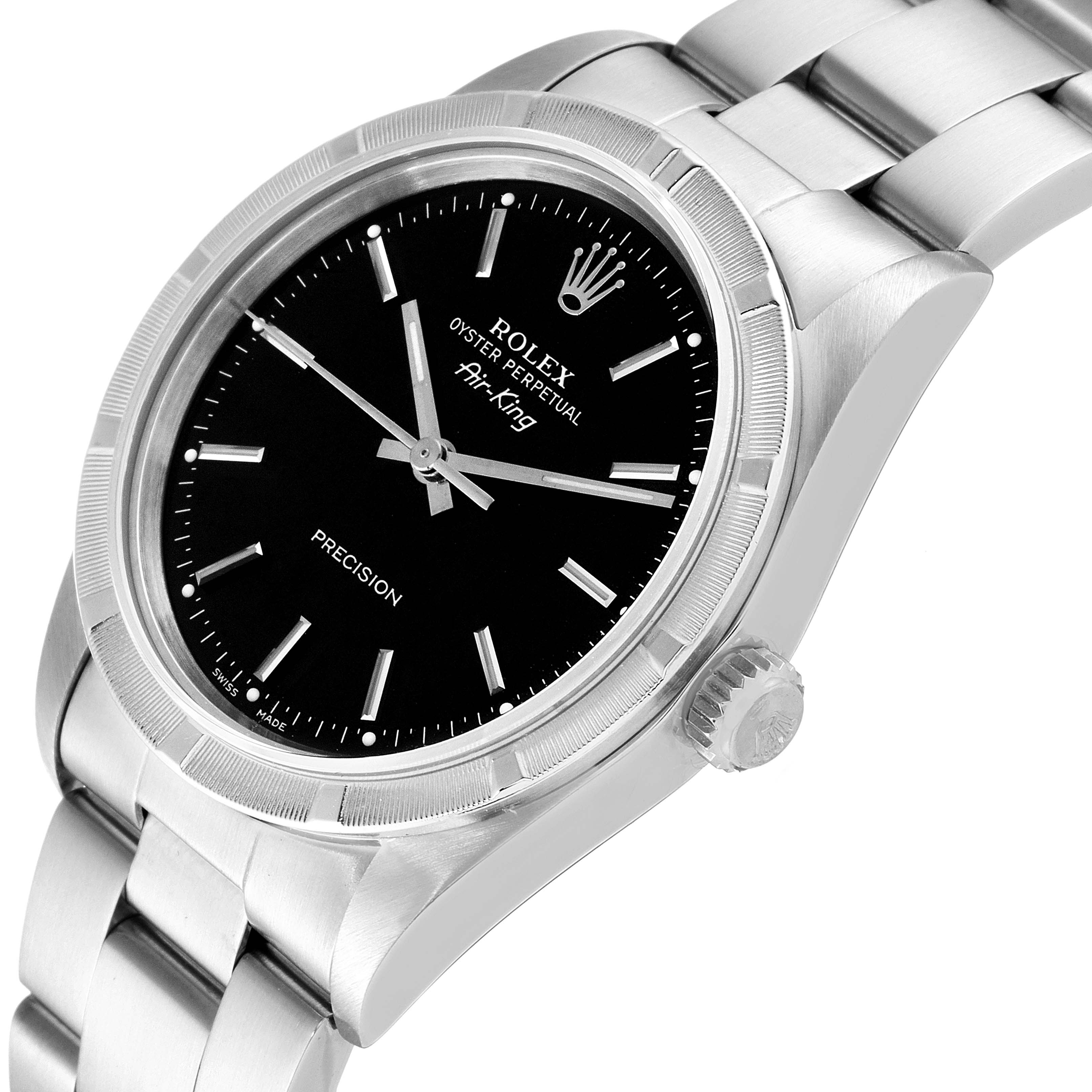 The image shows a close-up, angled view of a Rolex Air-King 14010 Men's Stainless Steel Black Dial 14010 Men's Stainless Steel Black Dial watch, highlighting the black dial, bezel, and bracelet.