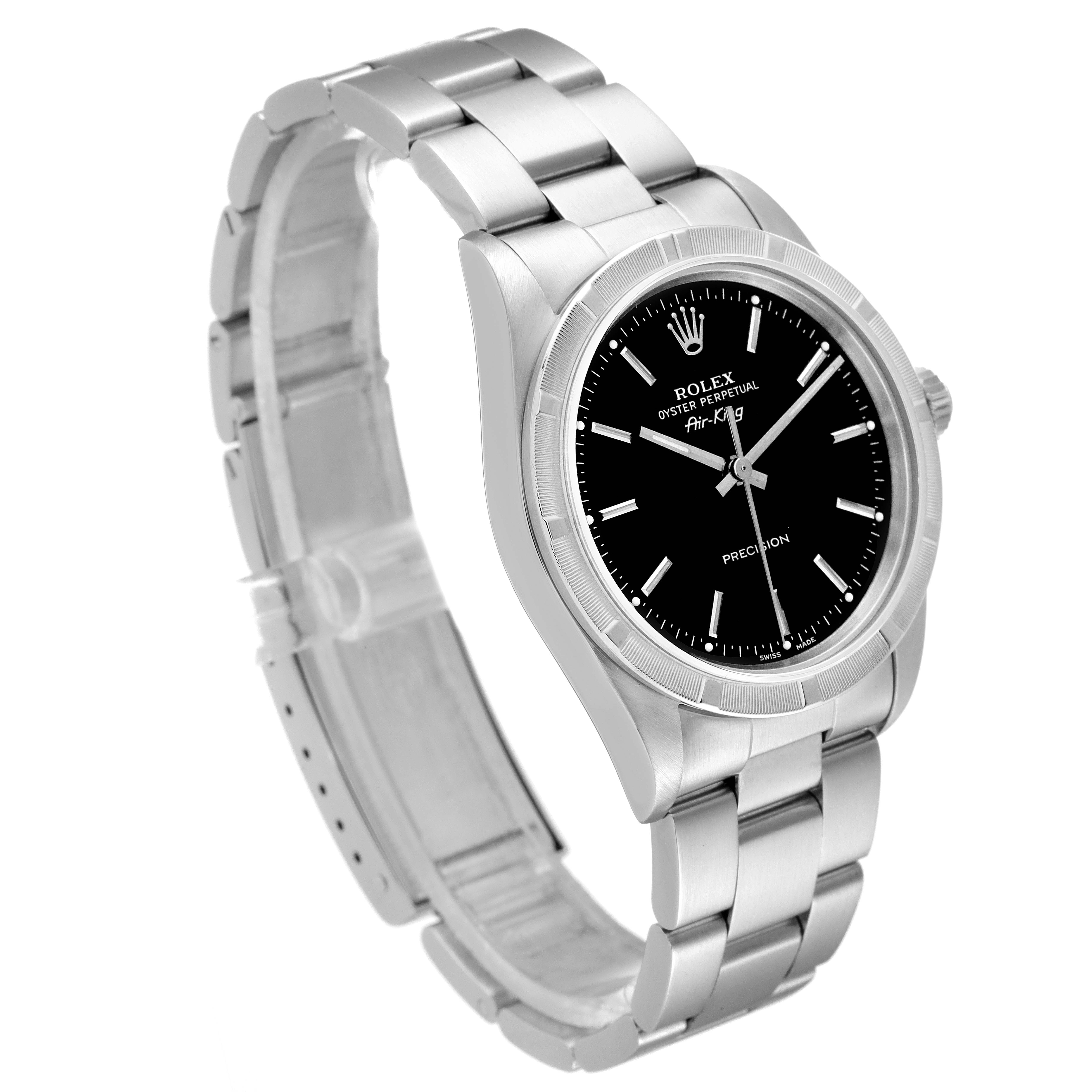 This image shows a Rolex Air-King 14010 Men's Stainless Steel Black Dial 14010 Men's Stainless Steel Black Dial watch at a three-quarter angle, displaying the face, bezel, and part of the bracelet.