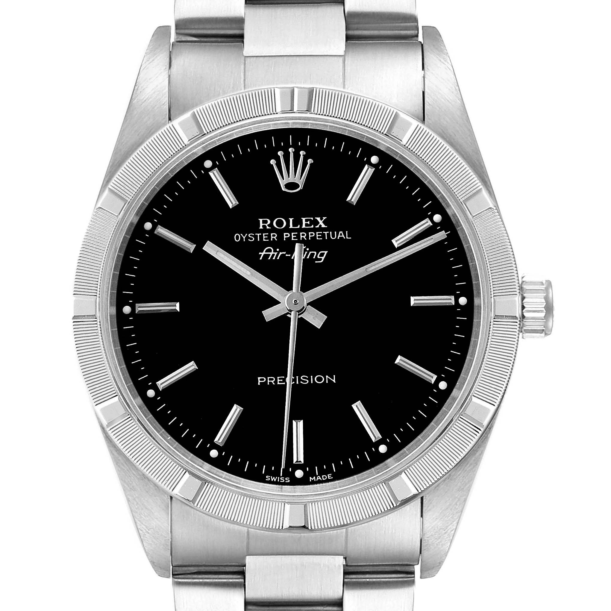 This image shows a front view of the Rolex Air-King 14010 Men's Stainless Steel Black Dial 14010 Men's Stainless Steel Black Dial watch featuring its face, marker details, bezel, and part of the bracelet.