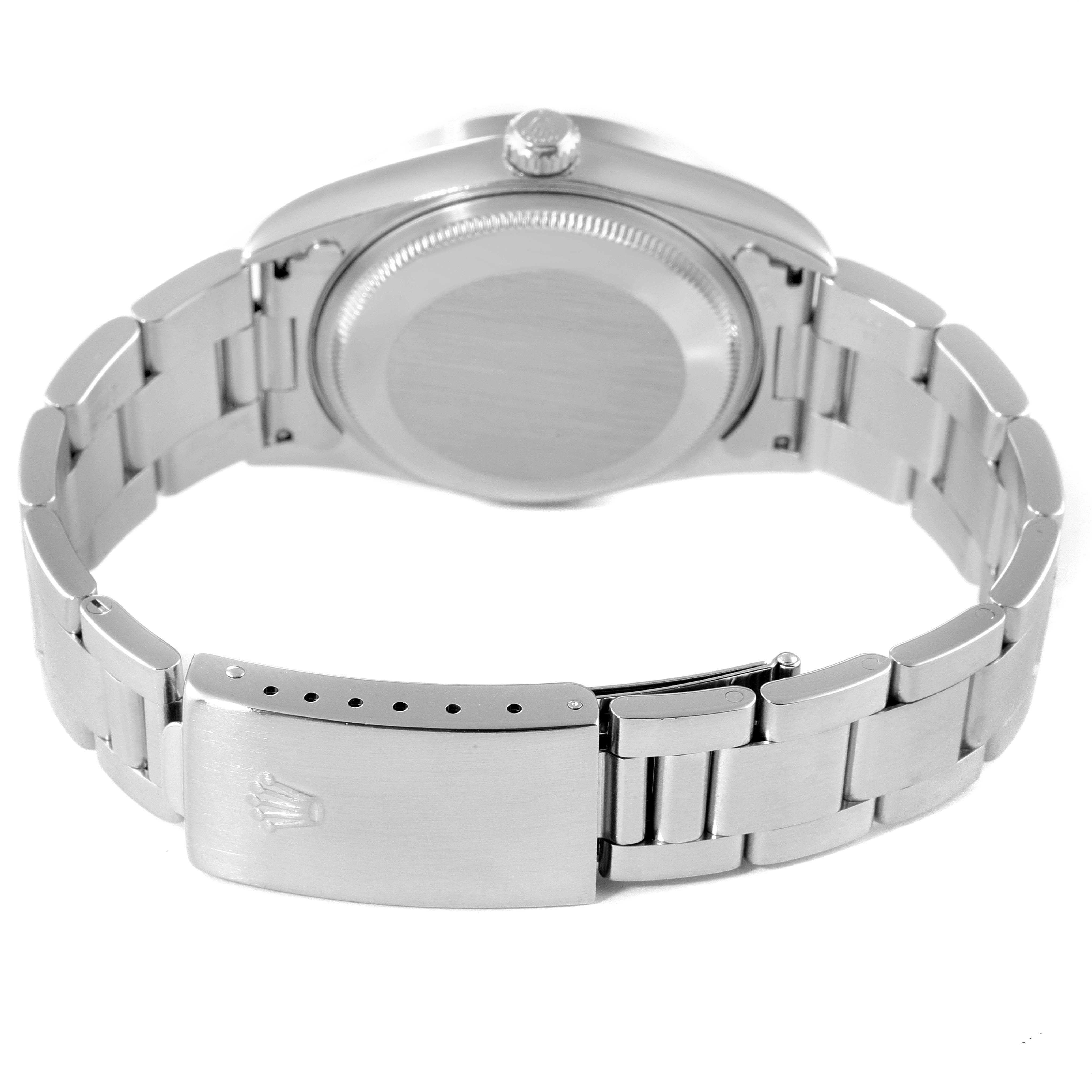 The image shows the back view of a Rolex Air-King 14010 Men's Stainless Steel Black Dial 14010 Men's Stainless Steel Black Dial watch, including the case back, crown, and bracelet with clasp.