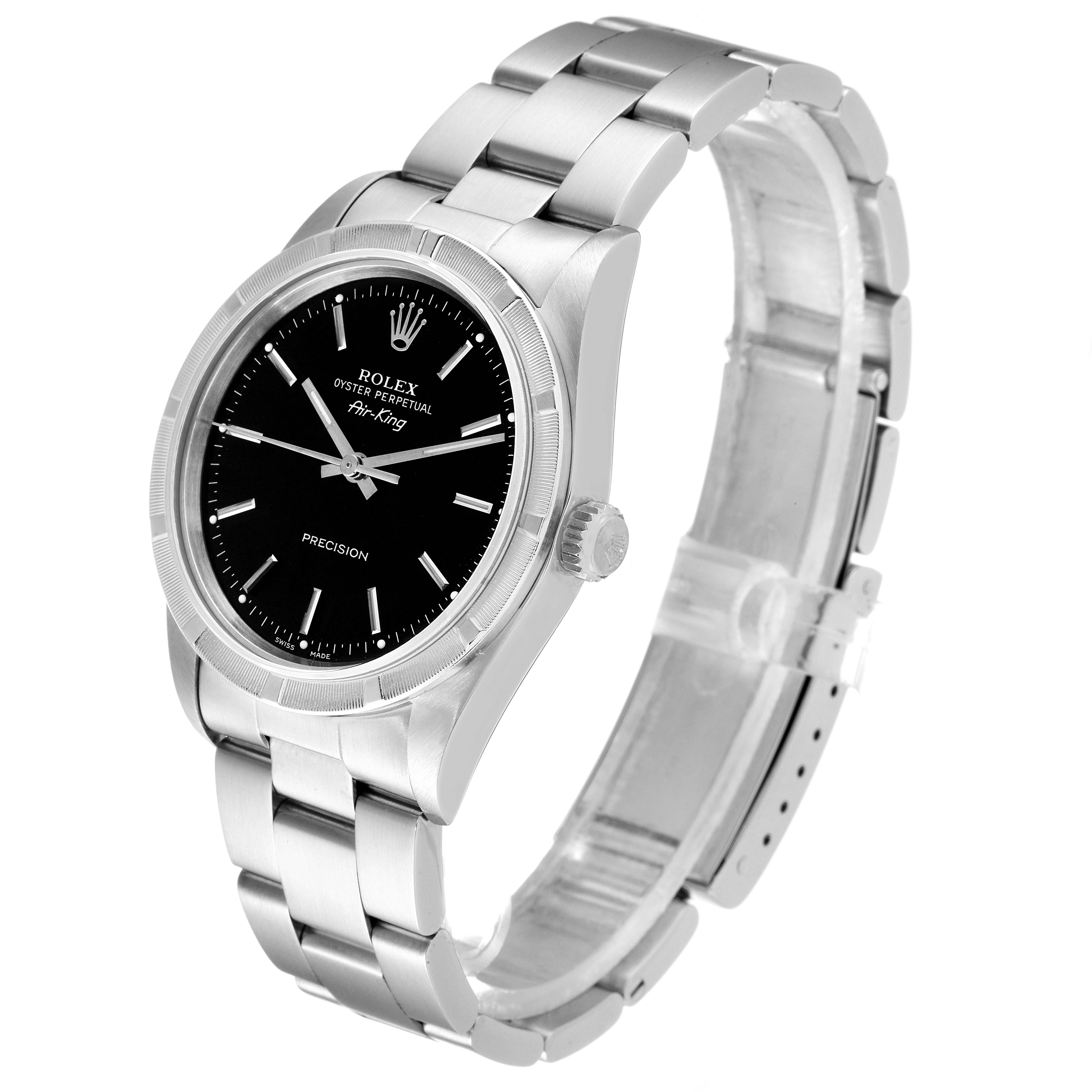 The Rolex Air-King 14010 Men's Stainless Steel Black Dial 14010 Men's Stainless Steel Black Dial is shown at a slight angle, displaying the face, crown, and bracelet.