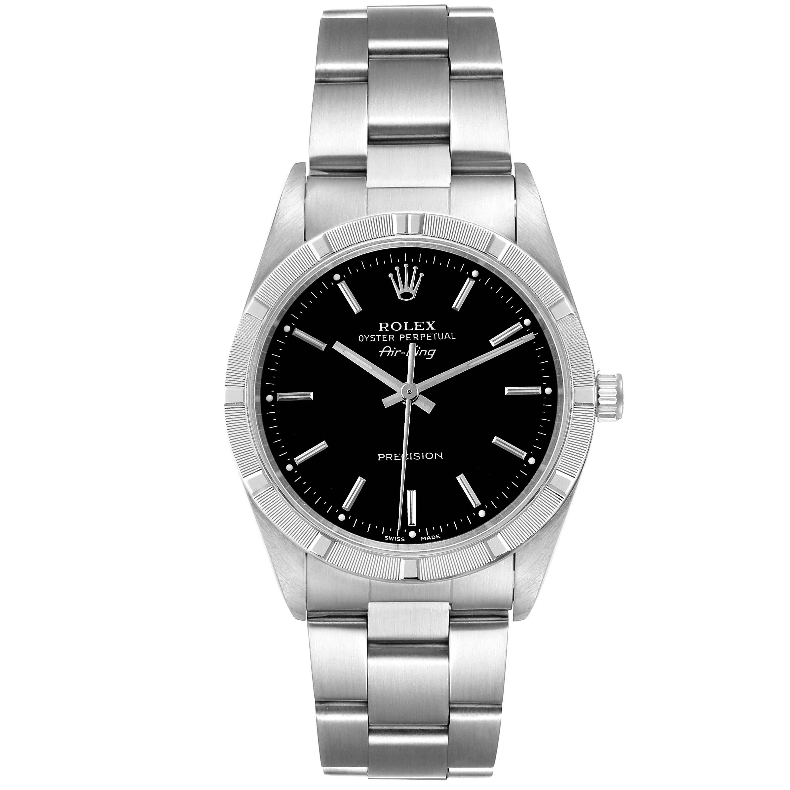 The Rolex Air-King 14010 Men's Stainless Steel Black Dial 14010 Men's Stainless Steel Black Dial watch is shown from a top-down angle, displaying its black dial, bezel, crown, and bracelet.