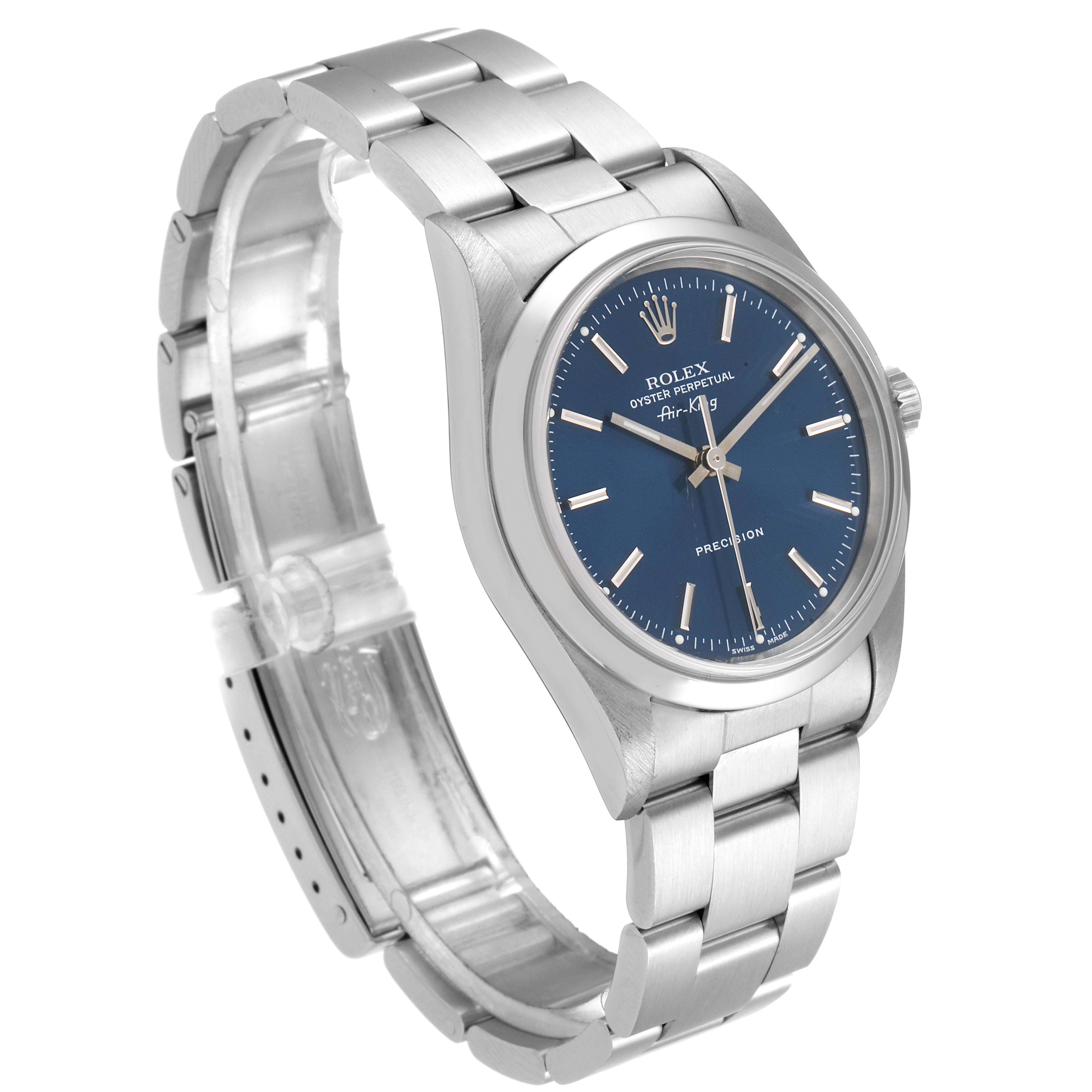 The image shows a side angle of the Rolex Air-King 14000M Men's Stainless Steel Blue Dial 14000M Men's Stainless Steel Blue Dial watch, displaying the face, bracelet, and clasp.