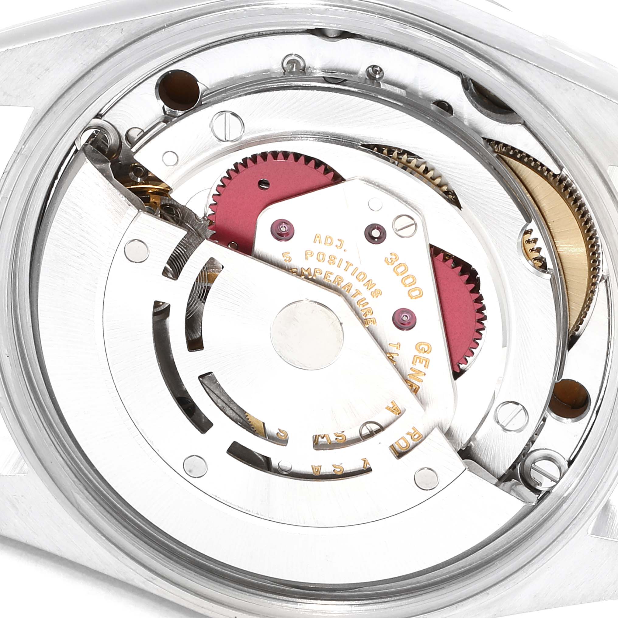 The image shows the movement and internal mechanisms of a Rolex Air-King 14000M Men's Stainless Steel Blue Dial 14000M Men's Stainless Steel Blue Dial watch from a back angle.