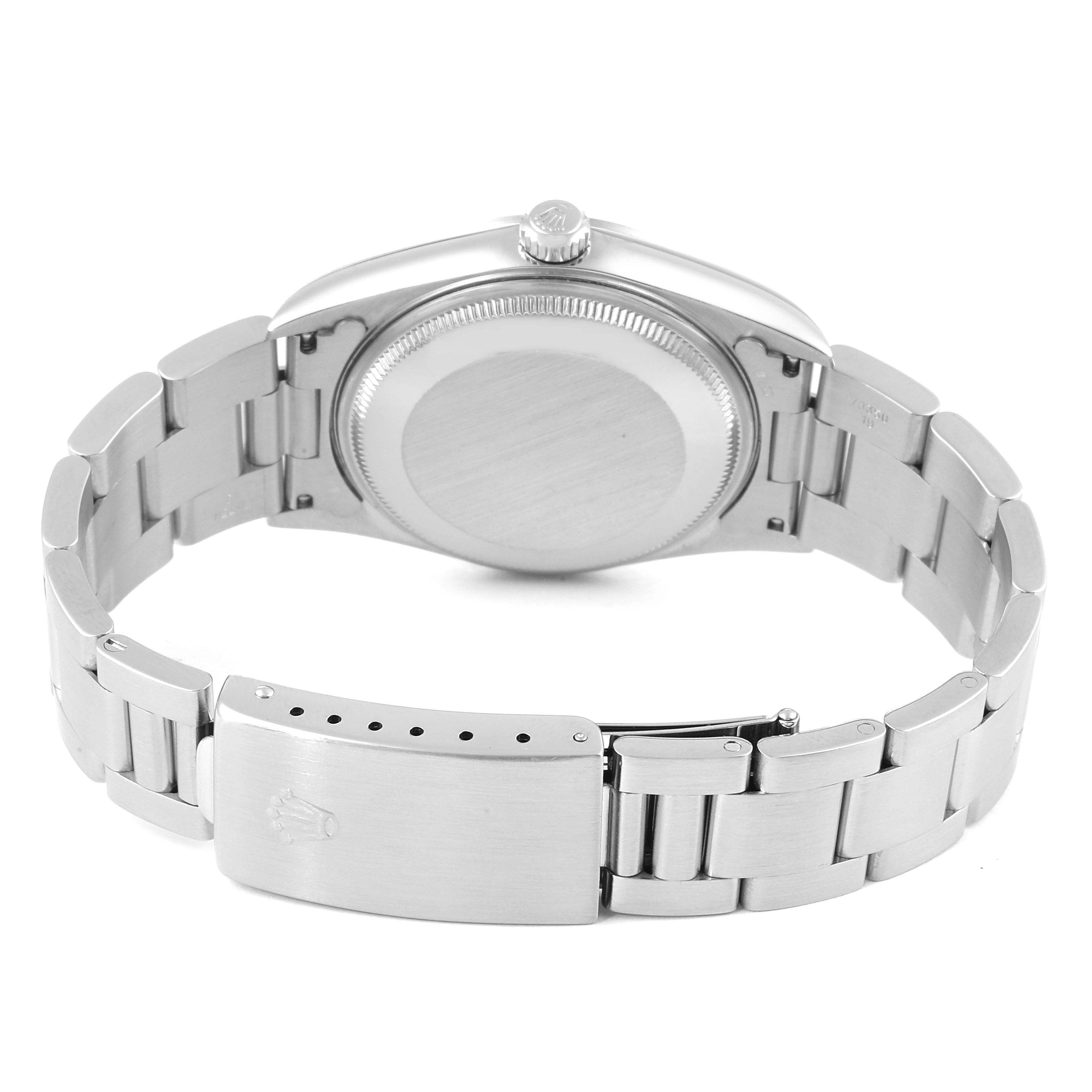 This image shows the back view of the Rolex Air-King 14000M Men's Stainless Steel Blue Dial 14000M Men's Stainless Steel Blue Dial watch, highlighting the case back, crown, and bracelet with clasp.