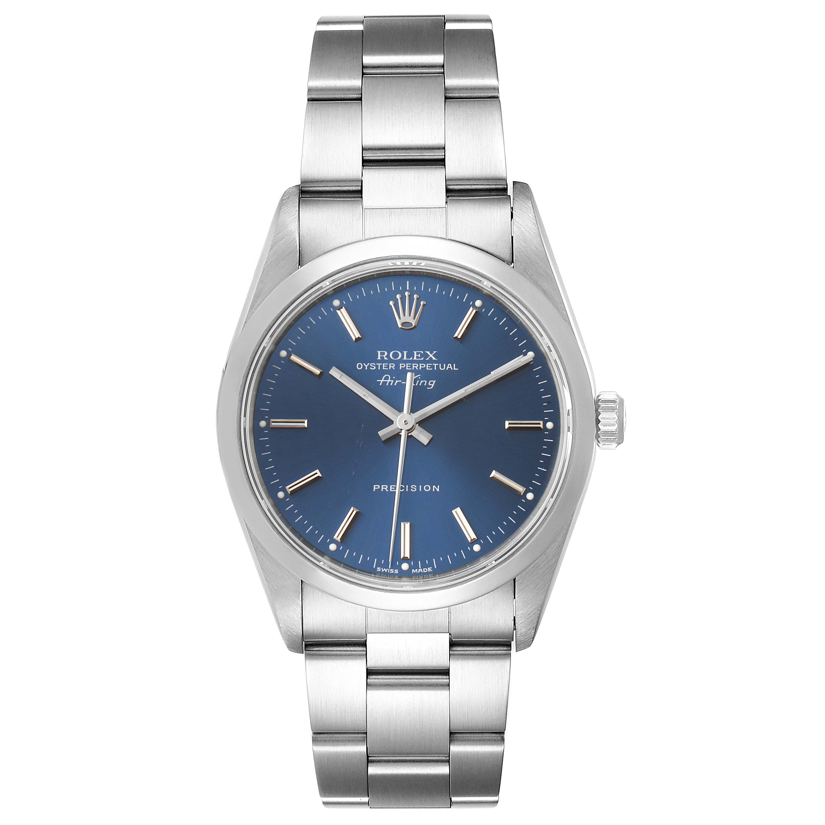 The Rolex Air-King 14000M Men's Stainless Steel Blue Dial 14000M Men's Stainless Steel Blue Dial watch is shown from a front angle, displaying its bracelet, dial, and crown.
