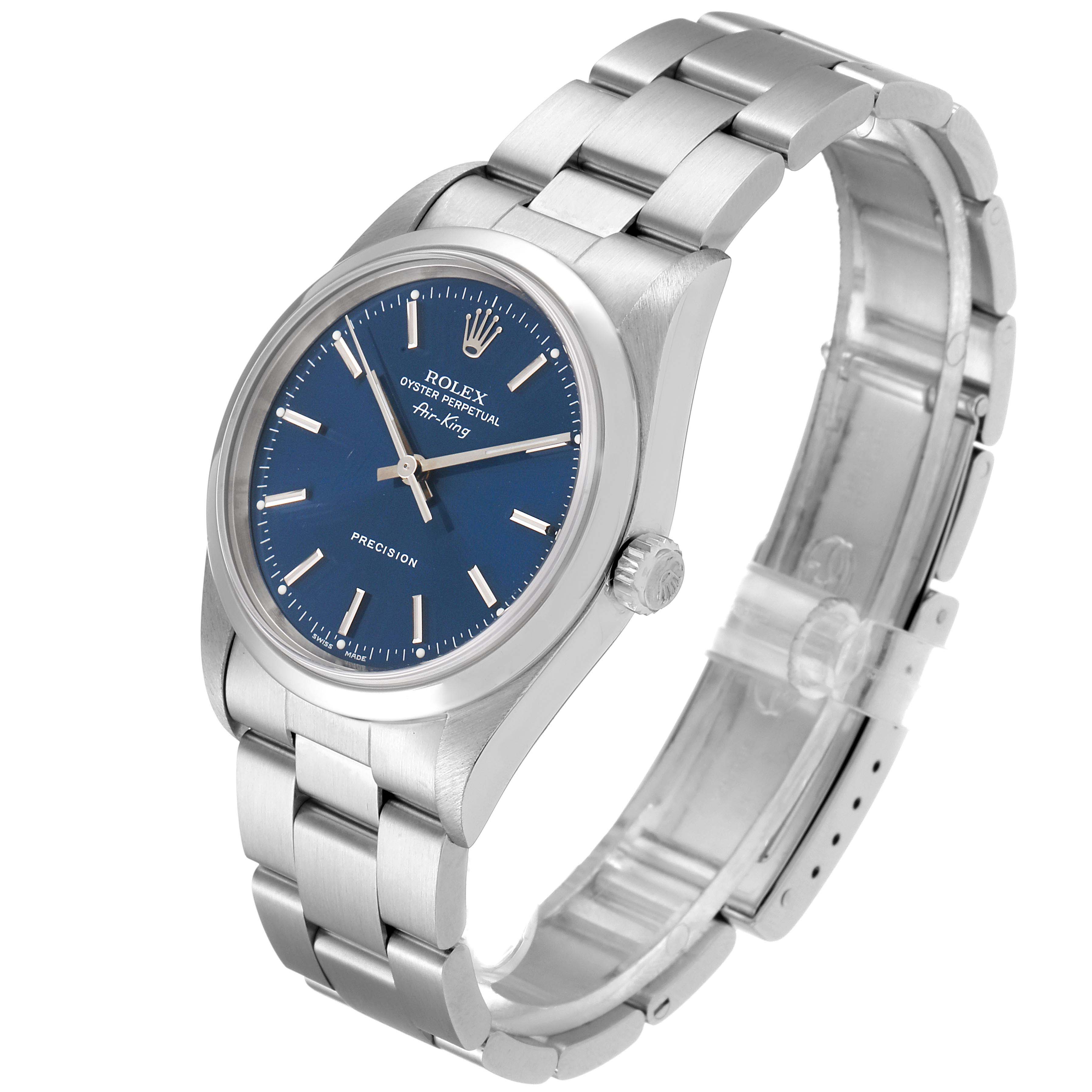 The image shows a Rolex Air-King 14000M Men's Stainless Steel Blue Dial 14000M Men's Stainless Steel Blue Dial watch at a three-quarter angle, highlighting the blue dial, crown, bracelet, and clasp.