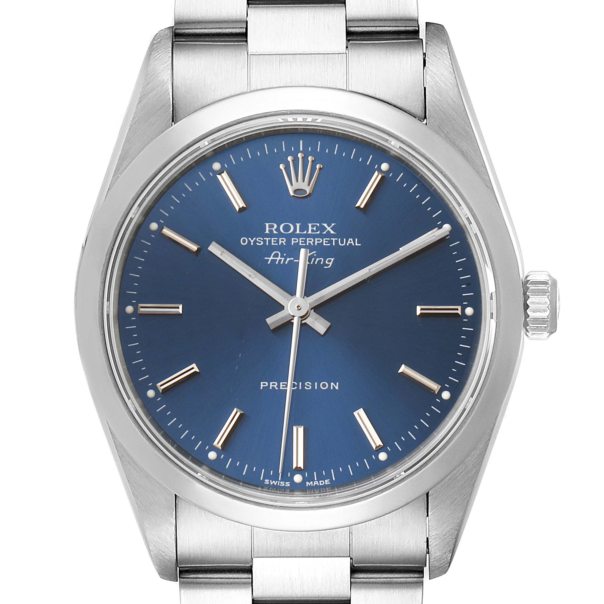 The image shows a front view of the Rolex Air-King 14000M Men's Stainless Steel Blue Dial 14000M Men's Stainless Steel Blue Dial watch, displaying its silver metal bracelet, blue dial, and crown.