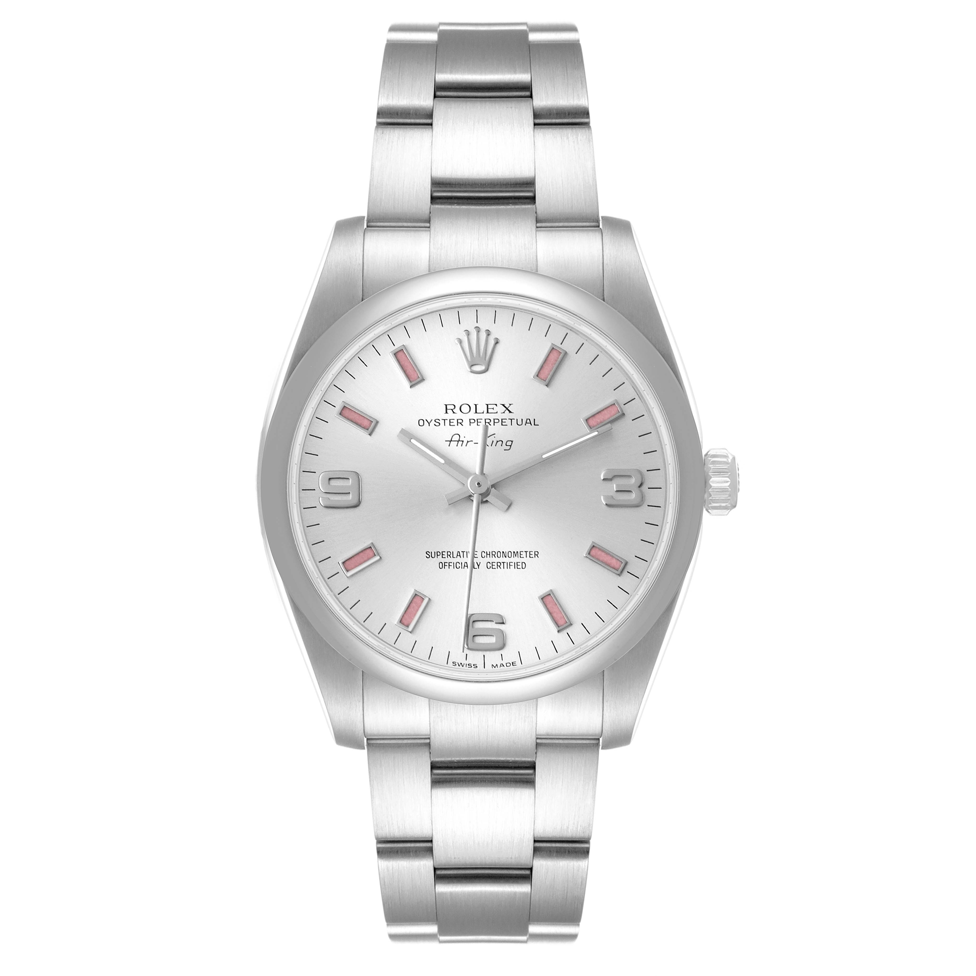 The image shows a front view of a Rolex Air-King 114200 Men's Stainless Steel Silver Dial 114200 Men's Stainless Steel Silver Dial watch, displaying its dial, bezel, and stainless steel bracelet.