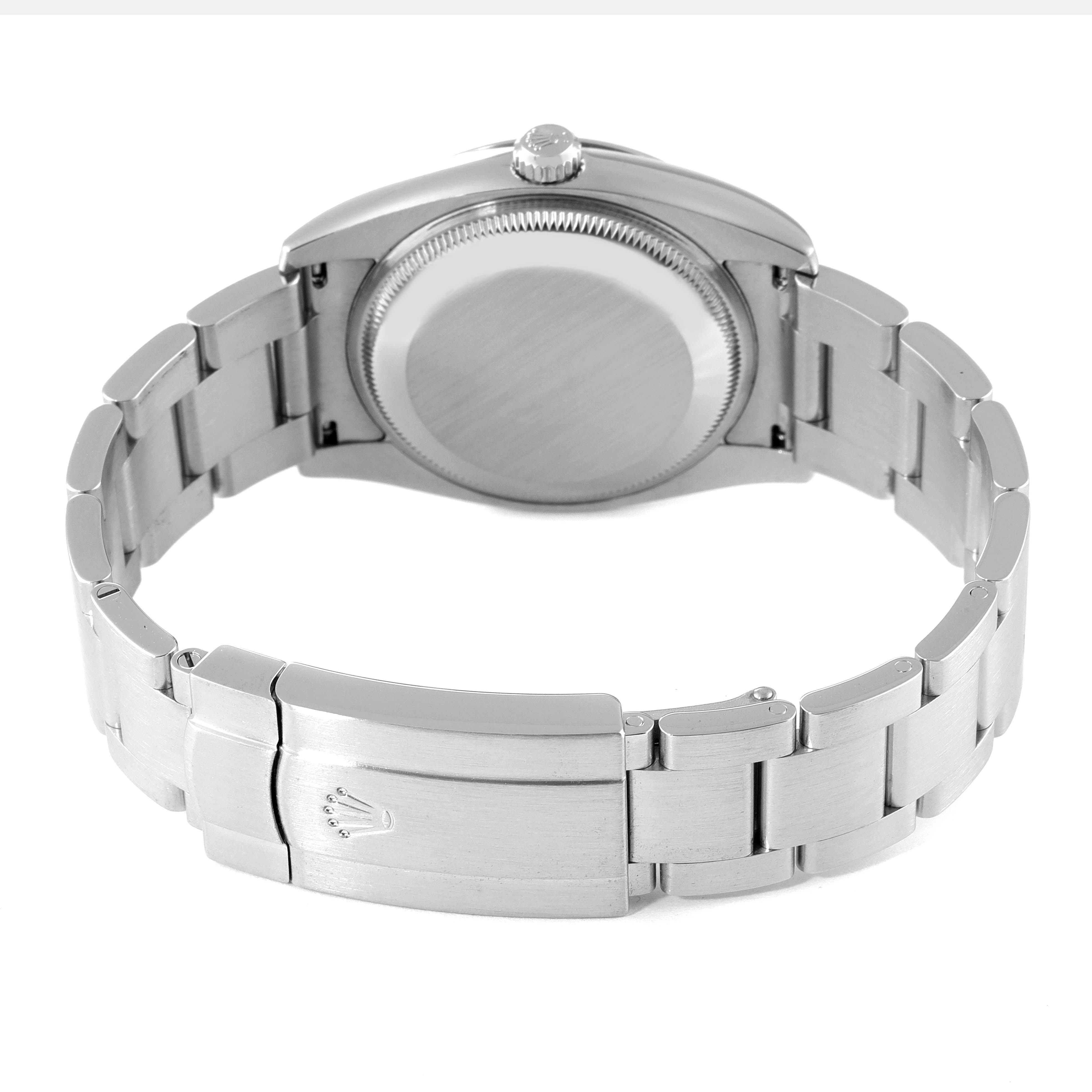 This image shows the back view of a Rolex Air-King 114200 Men's Stainless Steel Silver Dial 114200 Men's Stainless Steel Silver Dial watch with the case back and bracelet clasp visible.