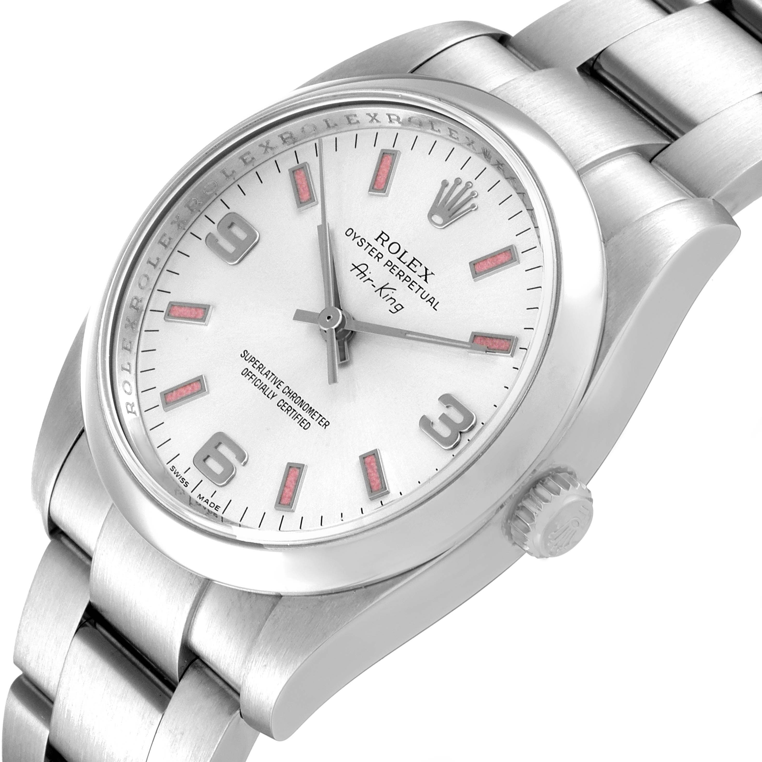 The image shows a close-up, angled view of the Rolex Air-King 114200 Men's Stainless Steel Silver Dial 114200 Men's Stainless Steel Silver Dial watch, highlighting the face, bezel, crown, and part of the bracelet.