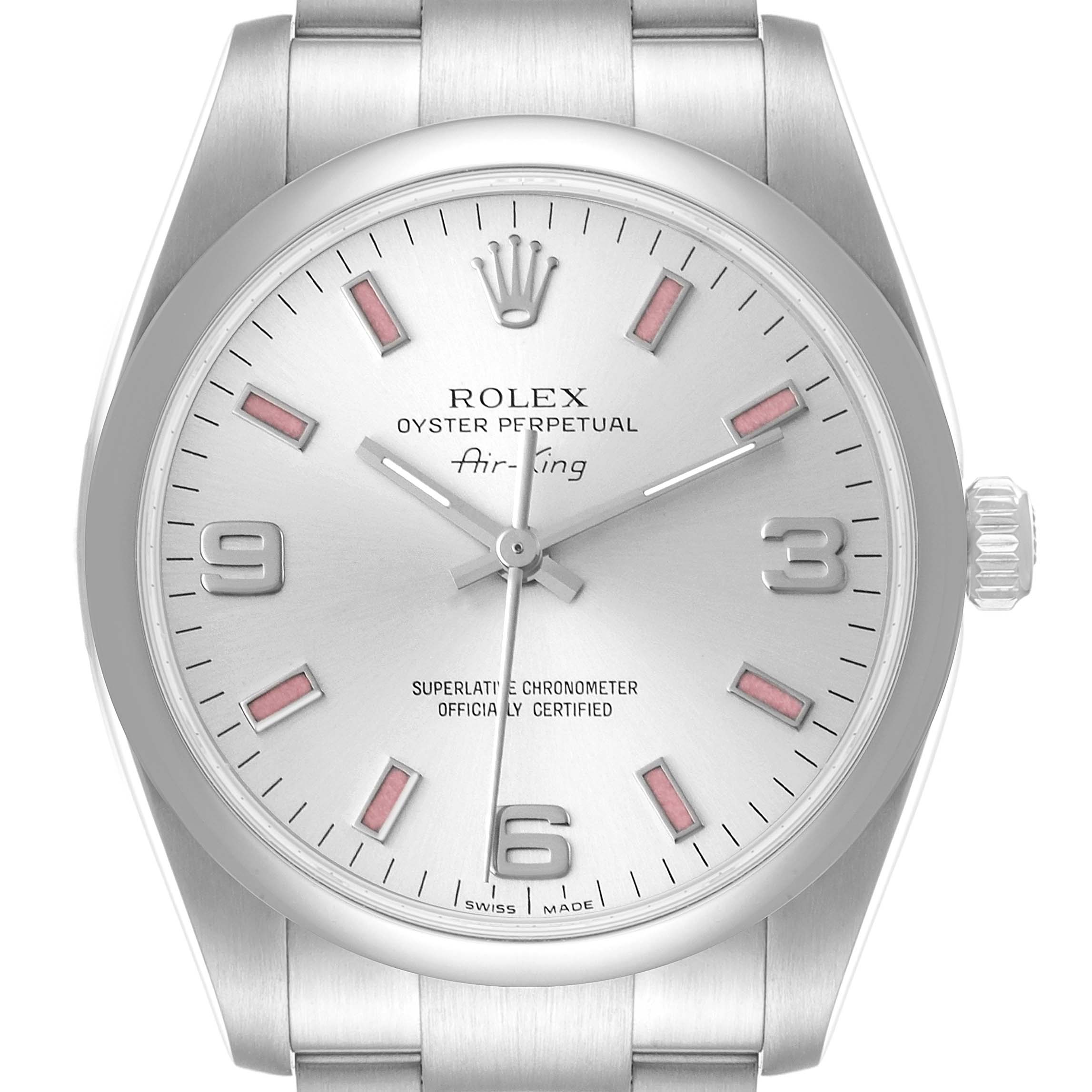 The image shows a front view of the Rolex Air-King 114200 Men's Stainless Steel Silver Dial 114200 Men's Stainless Steel Silver Dial watch, displaying the dial, hands, and part of the bracelet.