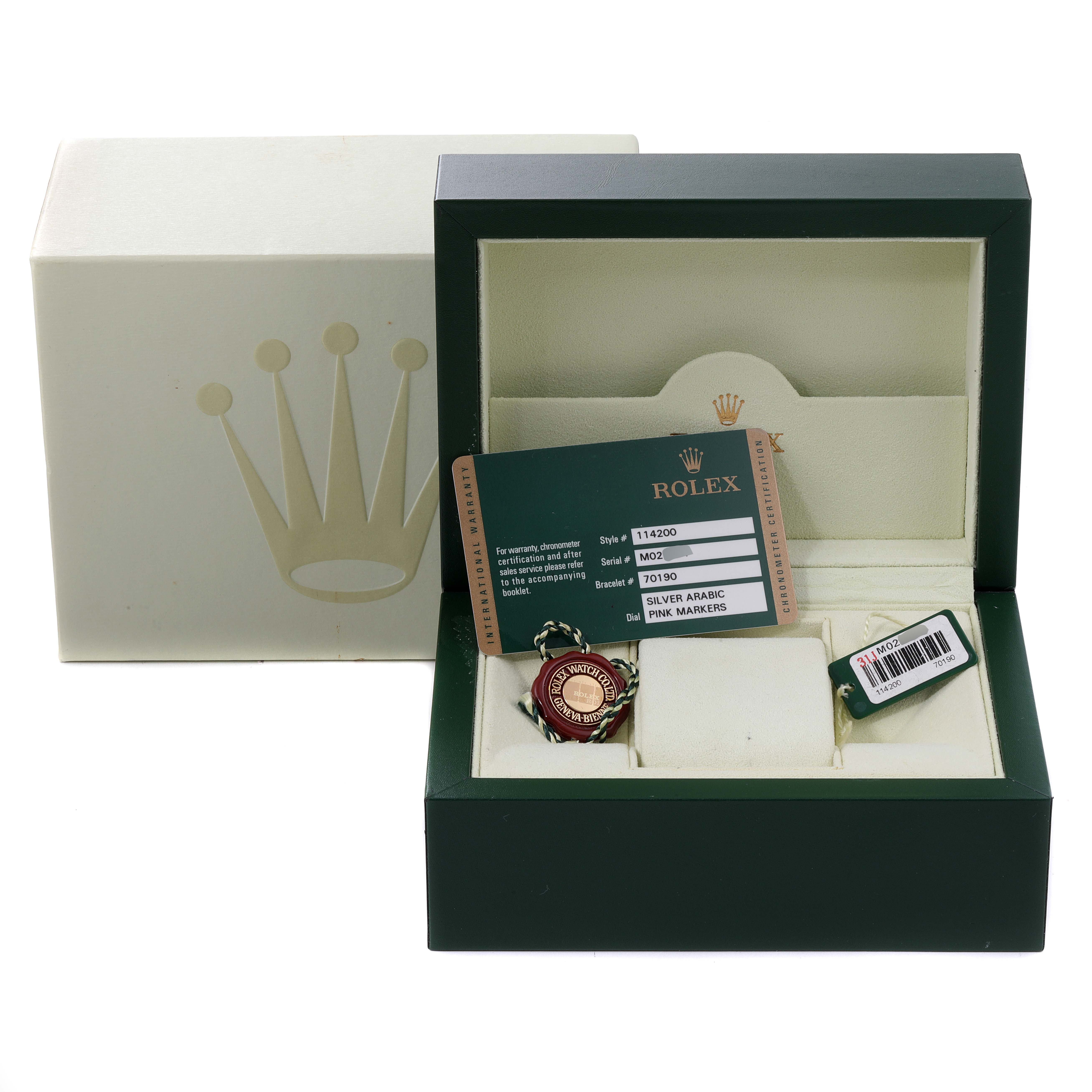 The image shows a Rolex Air-King 114200 Men's Stainless Steel Silver Dial 114200 Men's Stainless Steel Silver Dial watch box at an angle with accessories and documentation visible inside.