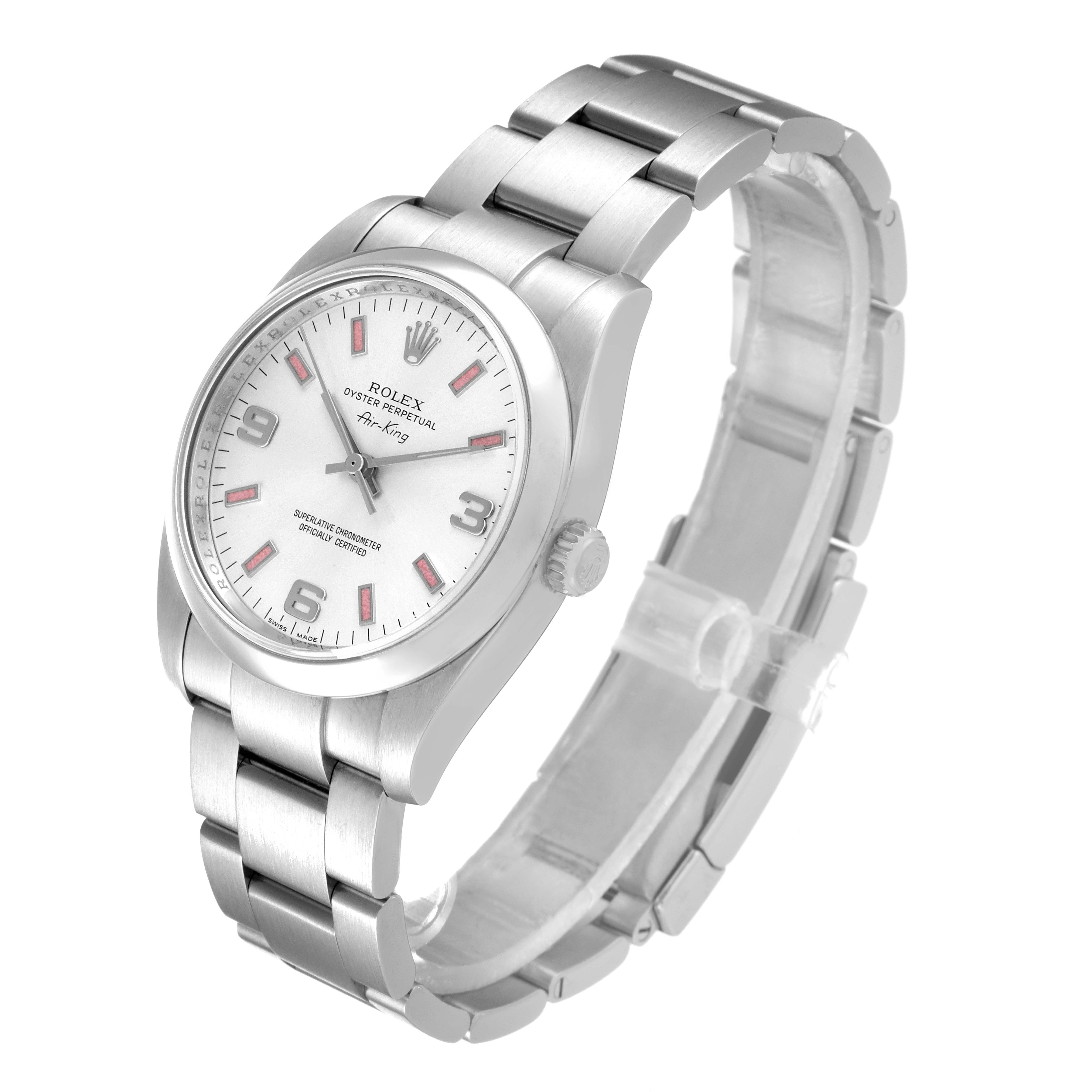 The Rolex Air-King 114200 Men's Stainless Steel Silver Dial 114200 Men's Stainless Steel Silver Dial watch is shown at a slight angle, highlighting the face, bezel, crown, and bracelet.