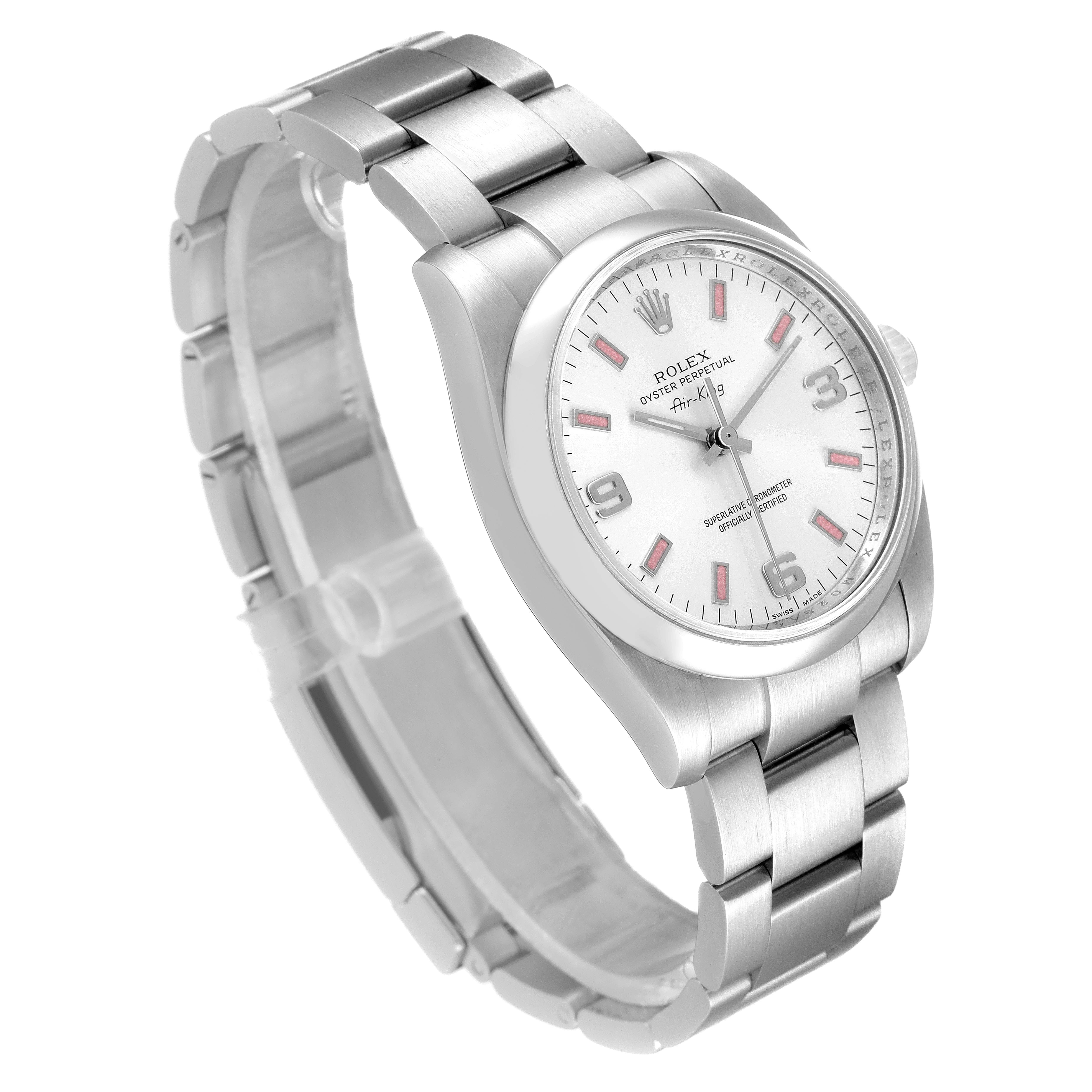 The image shows a Rolex Air-King 114200 Men's Stainless Steel Silver Dial 114200 Men's Stainless Steel Silver Dial watch at a three-quarter angle, highlighting the face, bezel, and metal bracelet.