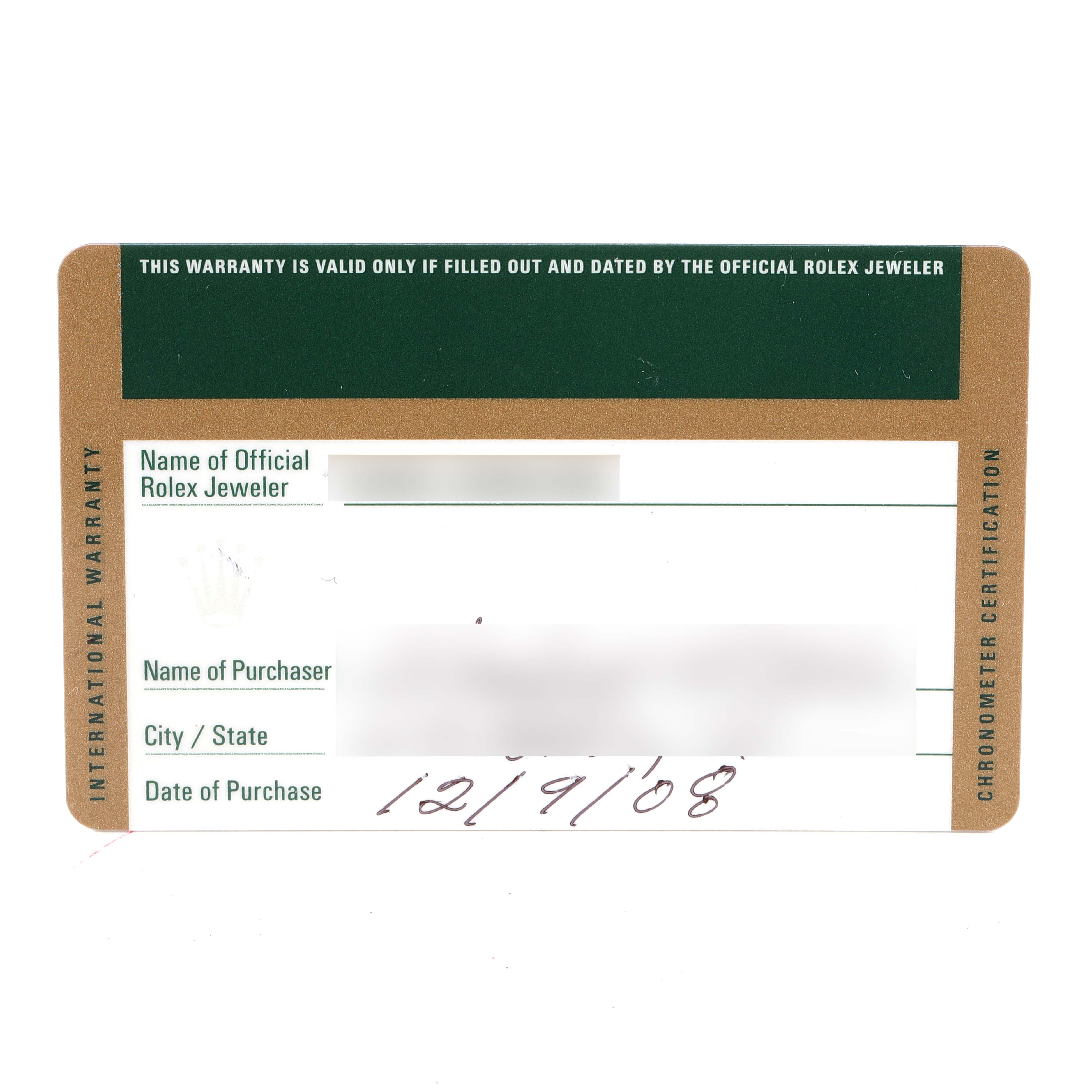 The image shows the warranty card for a Rolex Air-King 114200 Men's Stainless Steel Silver Dial 114200 Men's Stainless Steel Silver Dial watch, providing details such as the jeweler's name, purchaser's information, and purchase date.