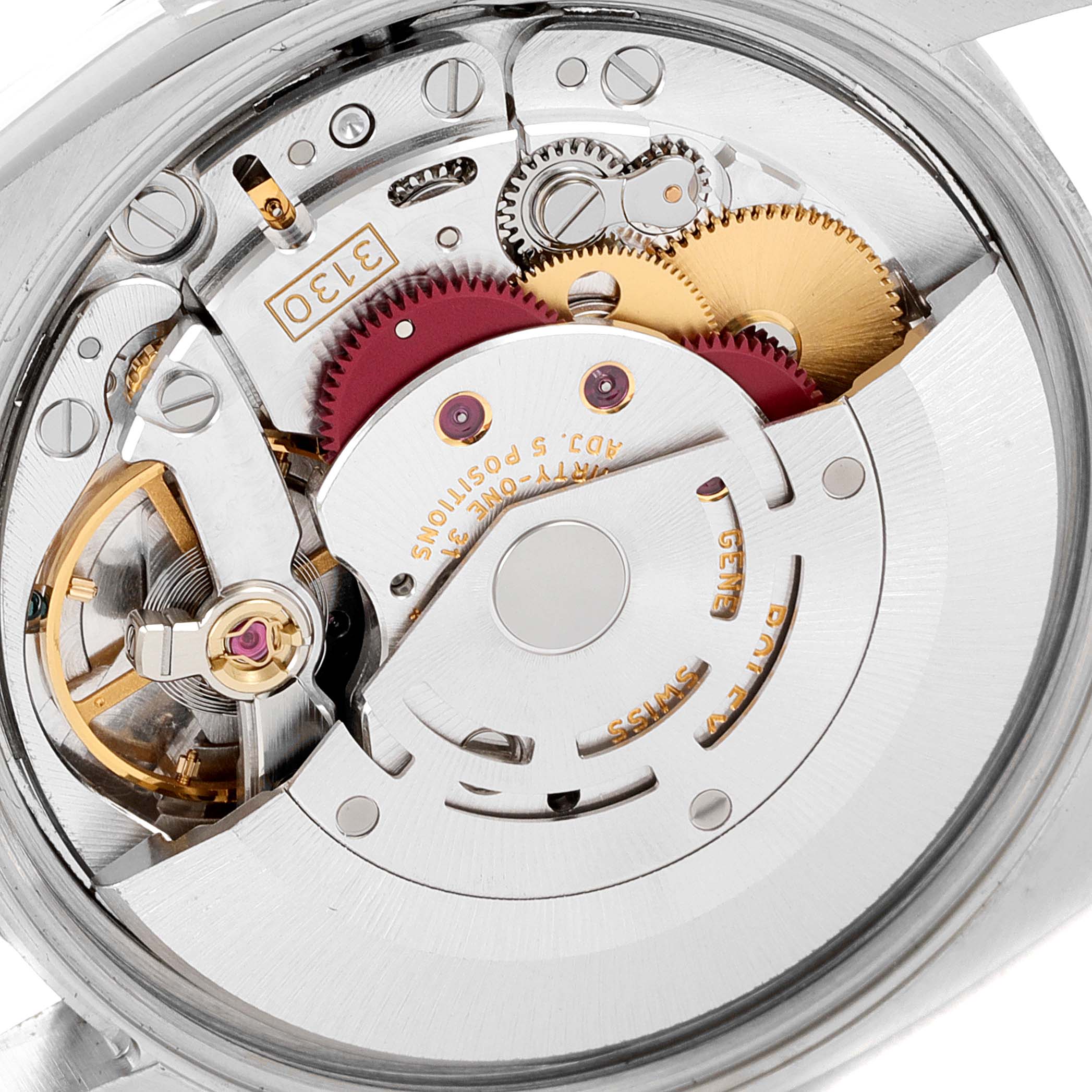 The image shows a close-up view of the movement and mechanical components inside a Rolex Air-King 114200 Men's Stainless Steel Silver Dial 114200 Men's Stainless Steel Silver Dial watch.