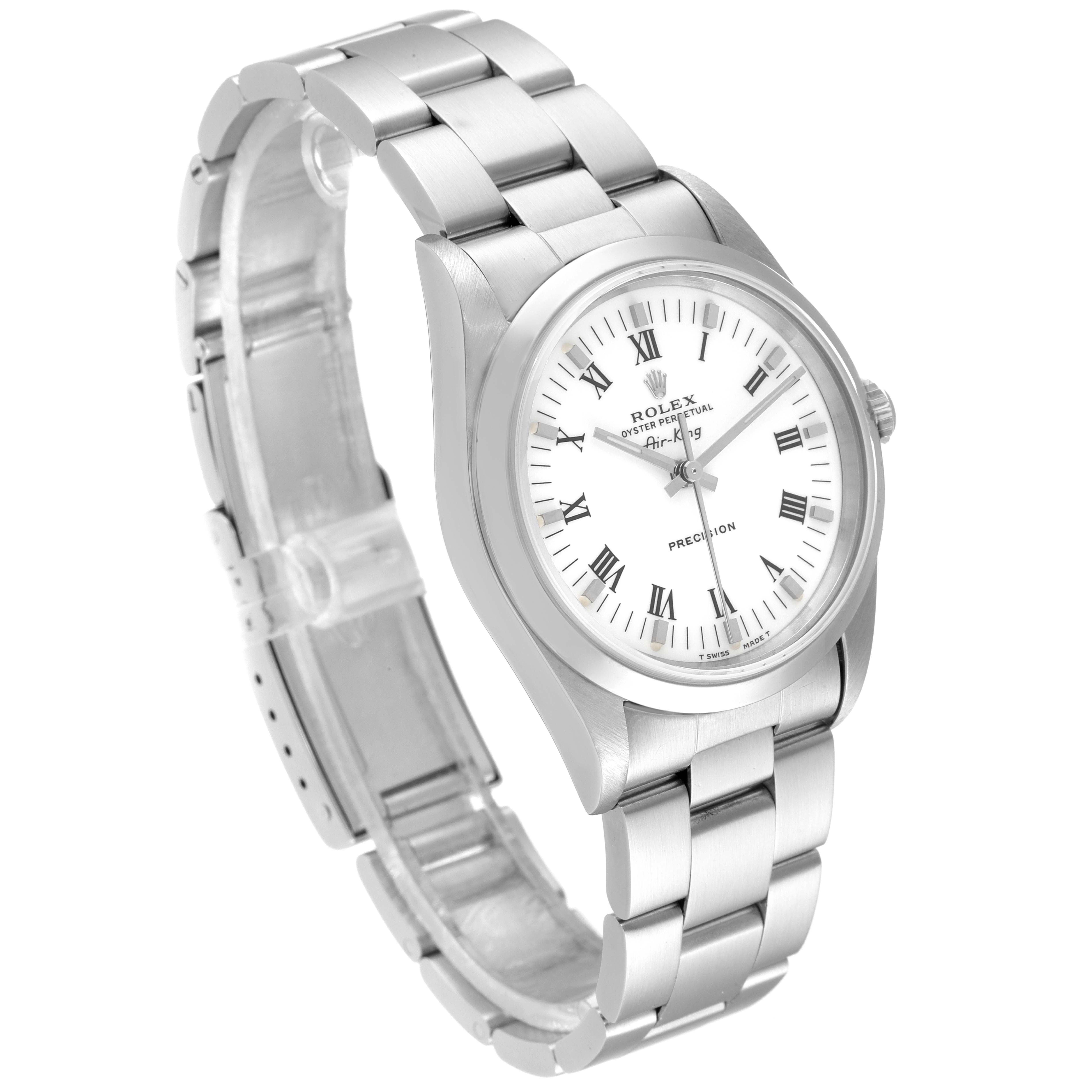 The Rolex Air-King 14000 Men's Stainless Steel White Dial 14000 Men's Stainless Steel White Dial watch is shown at an angled view, highlighting its face, bezel, and stainless steel bracelet.