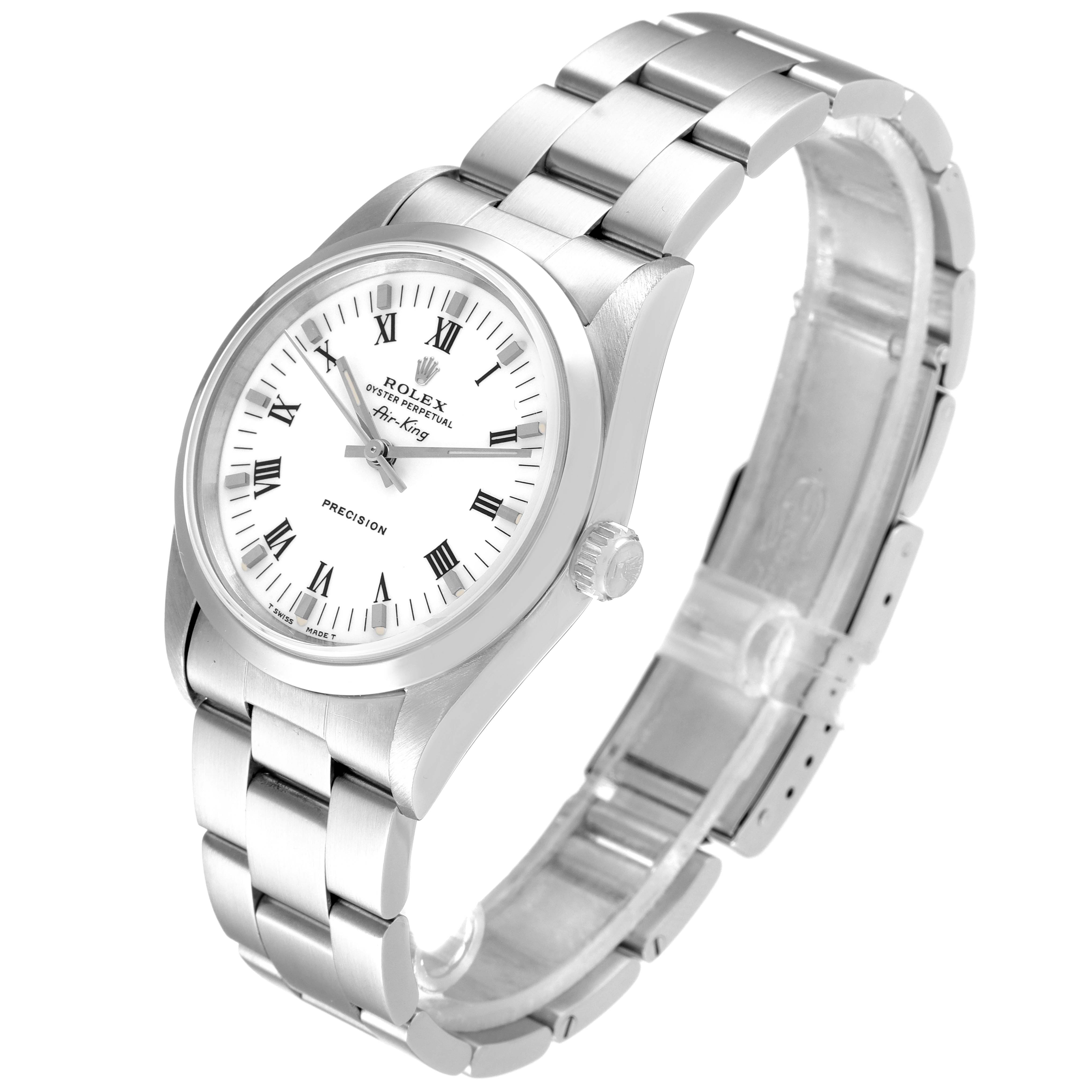 The image shows a Rolex Air-King 14000 Men's Stainless Steel White Dial 14000 Men's Stainless Steel White Dial watch angled to display the face, crown, and full bracelet.
