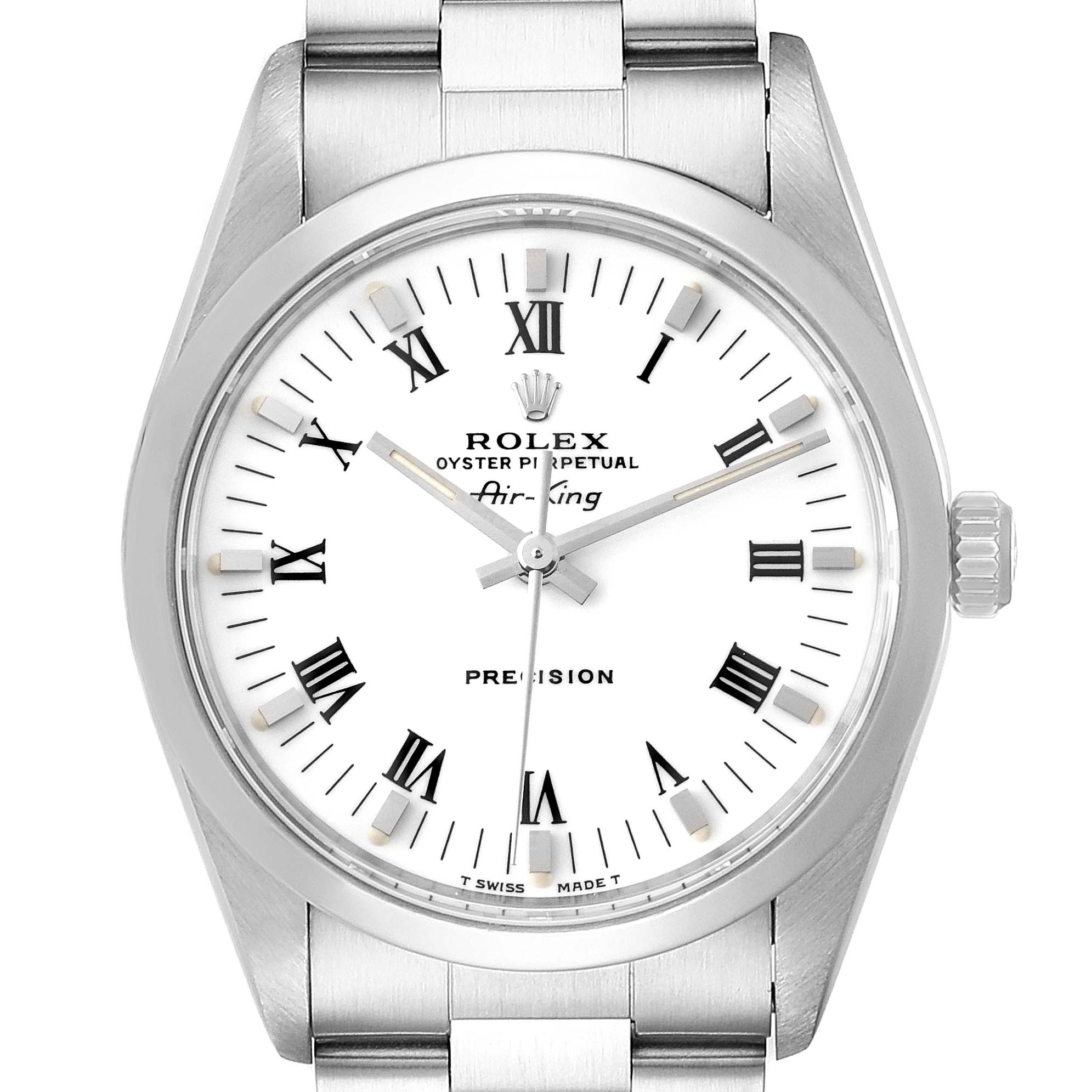 The image shows a frontal view of a Rolex Air-King 14000 Men's Stainless Steel White Dial 14000 Men's Stainless Steel White Dial watch featuring the dial, hands, bezel, crown, and part of the bracelet.
