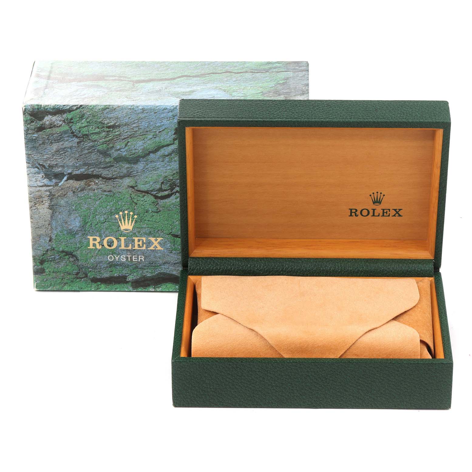 The image shows a Rolex Air-King 14000 Men's Stainless Steel White Dial 14000 Men's Stainless Steel White Dial watch box and an outer box from a top-front angle, displaying the open inner box with a beige watch pouch.