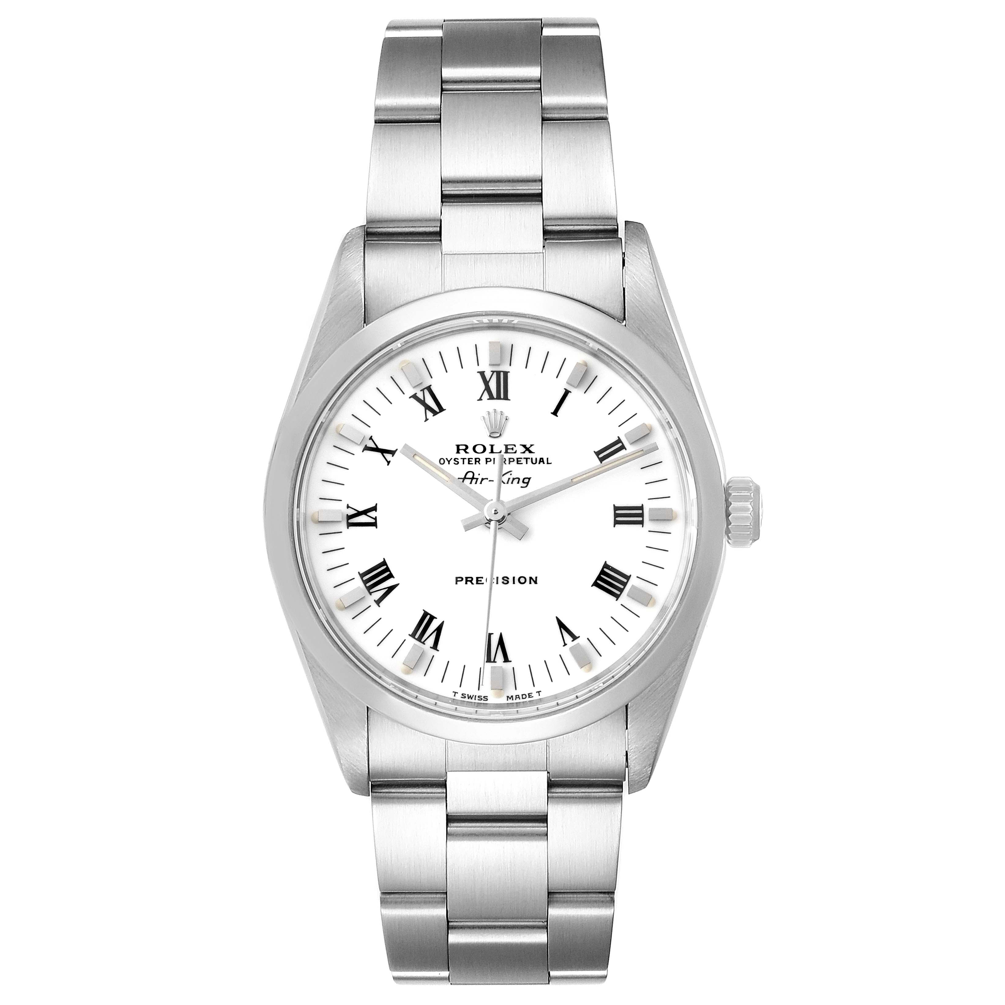 This image shows a frontal view of the Rolex Air-King 14000 Men's Stainless Steel White Dial 14000 Men's Stainless Steel White Dial watch, displaying the dial, hands, bracelet, and crown.