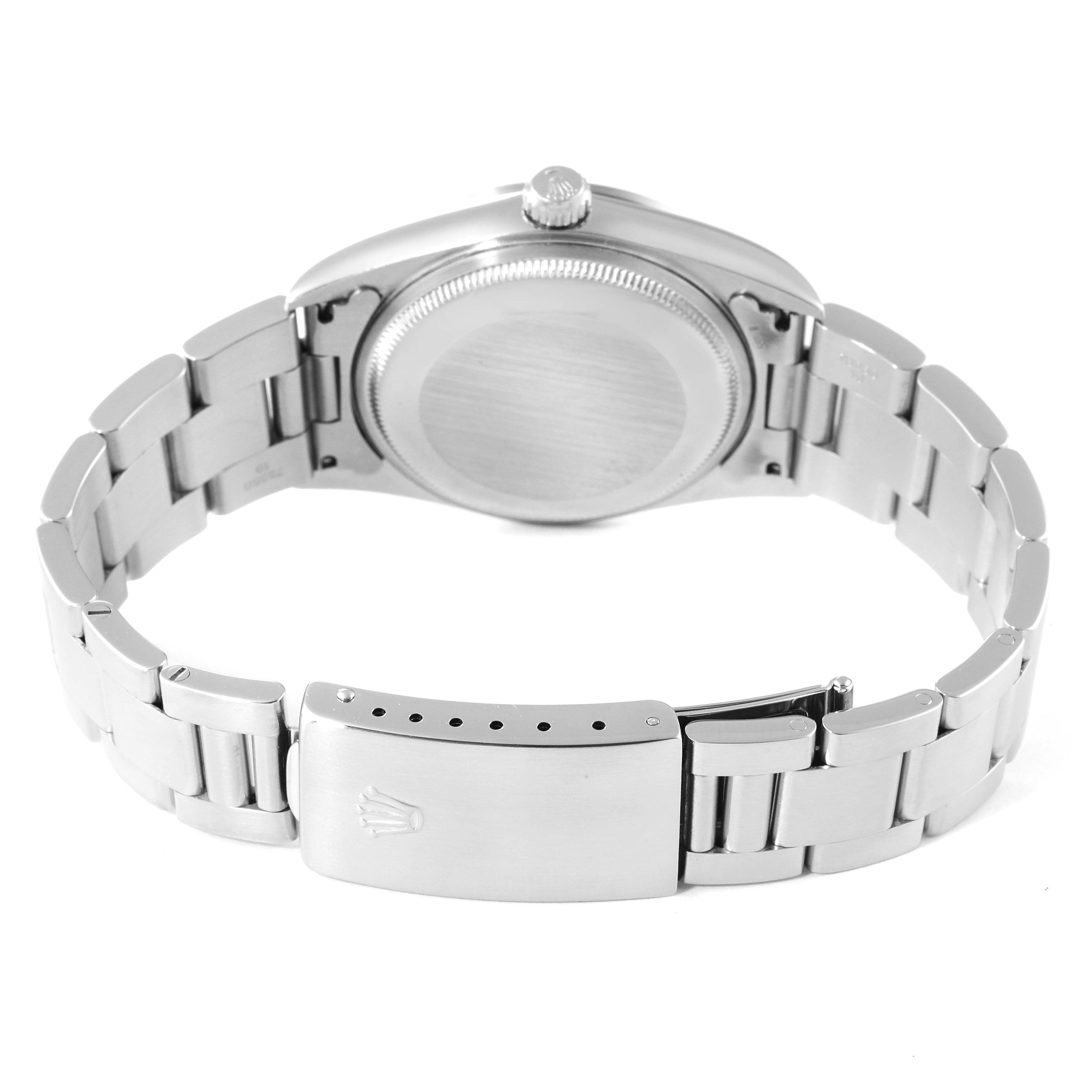 The image shows the back side of a Rolex Air-King 14000 Men's Stainless Steel White Dial 14000 Men's Stainless Steel White Dial watch, including the closed clasp and bracelet links.