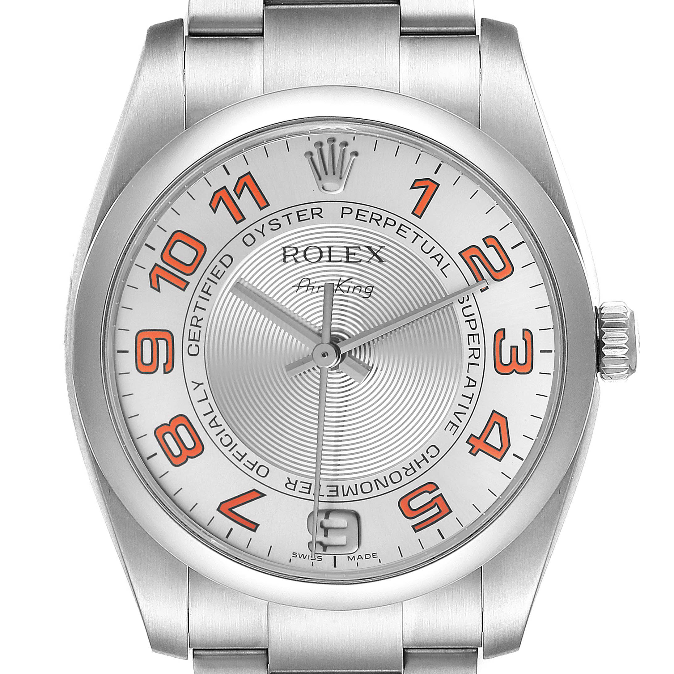 The image shows a frontal view of the Rolex Air-King 114200 Men's Stainless Steel Silver Dial 114200 Men's Stainless Steel Silver Dial watch, highlighting its face, bezel, crown, and part of the bracelet.