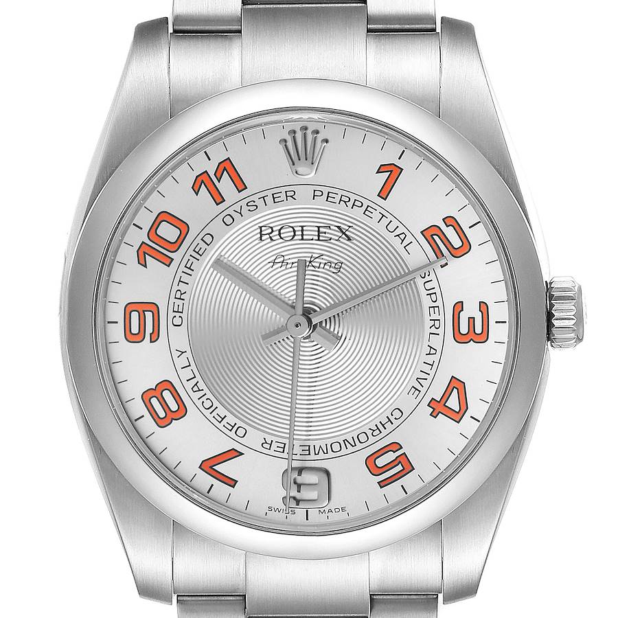 Rolex Air King Concentric Silver Orange Dial Mens Watch 114200 SwissWatchExpo
