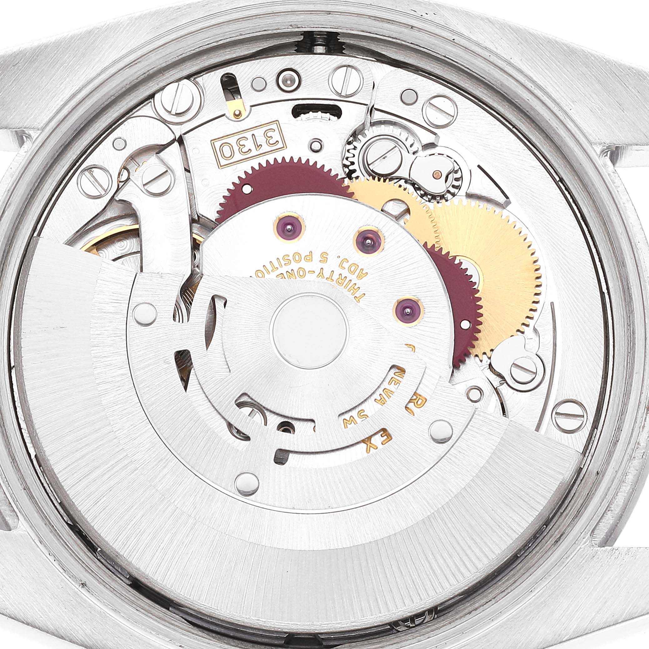 The image shows the movement mechanism of a Rolex Air-King 114200 Men's Stainless Steel Silver Dial 114200 Men's Stainless Steel Silver Dial watch, viewed from the back with the case opened.