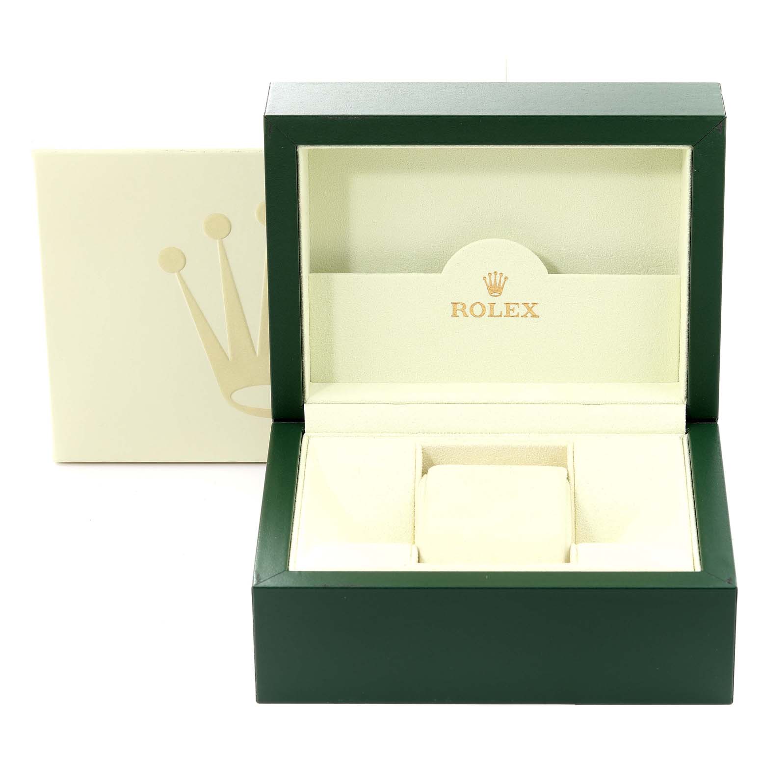 The image shows an open green and cream luxury watch box with the Rolex logo, designed for the Rolex Air-King 114200 Men's Stainless Steel Silver Dial 114200 Men's Stainless Steel Silver Dial model.