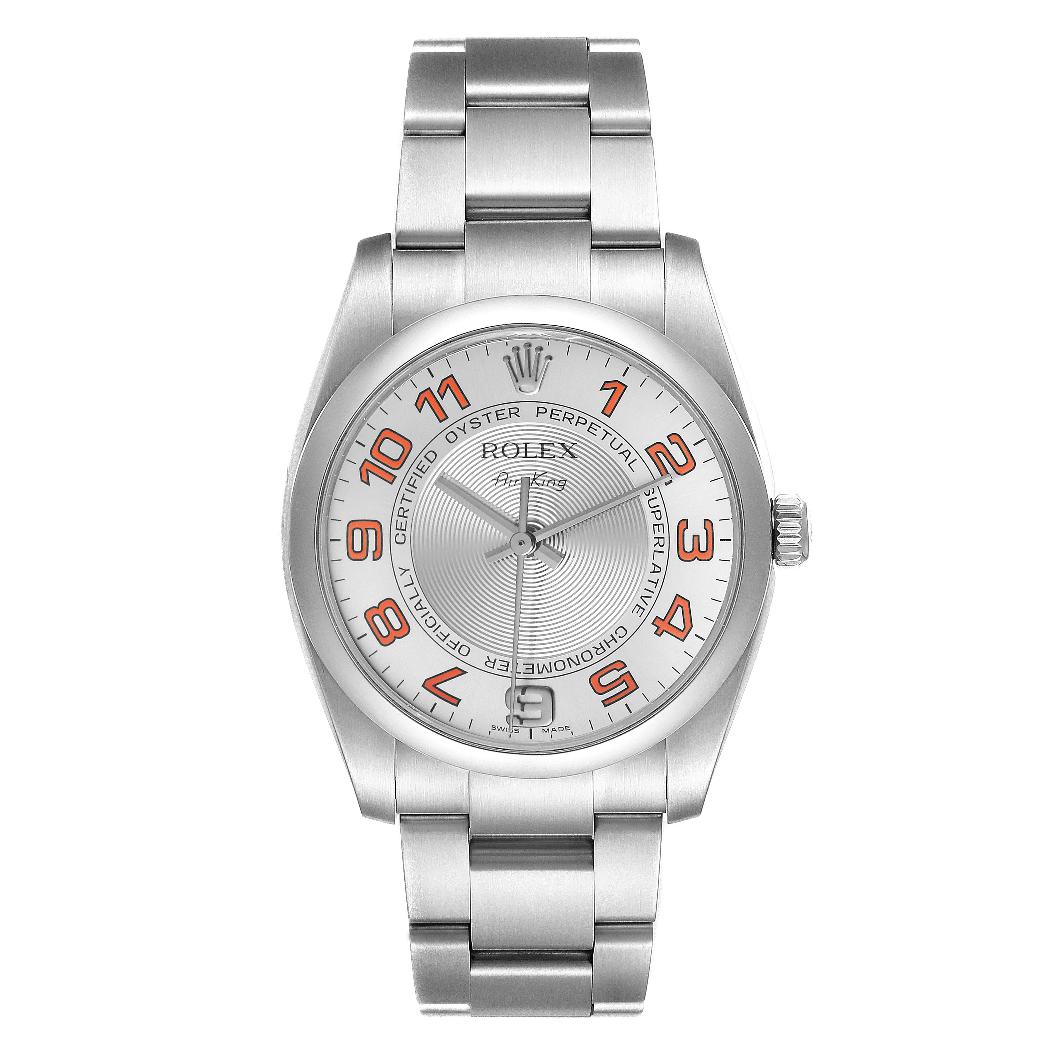 The image shows a front view of a Rolex Air-King 114200 Men's Stainless Steel Silver Dial 114200 Men's Stainless Steel Silver Dial watch, clearly displaying the dial, case, crown, and bracelet.
