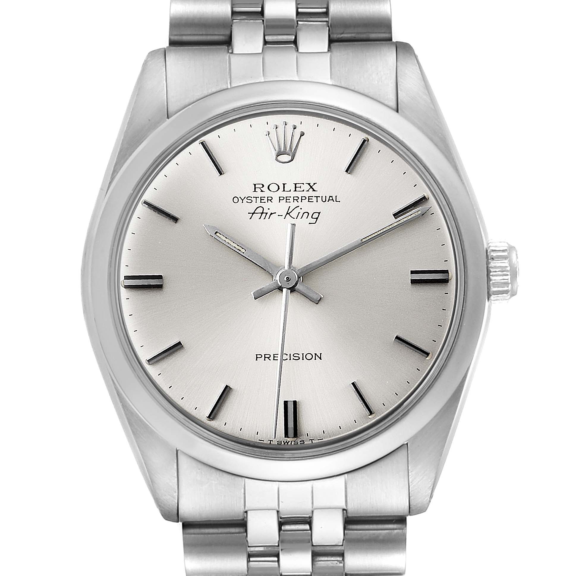 The image shows a Rolex Vintage Collection 5500 Men's Stainless Steel Silver Dial 5500 Men's Stainless Steel Silver Dial model Air-King watch from a frontal angle, displaying its face, bezel, and part of the bracelet.